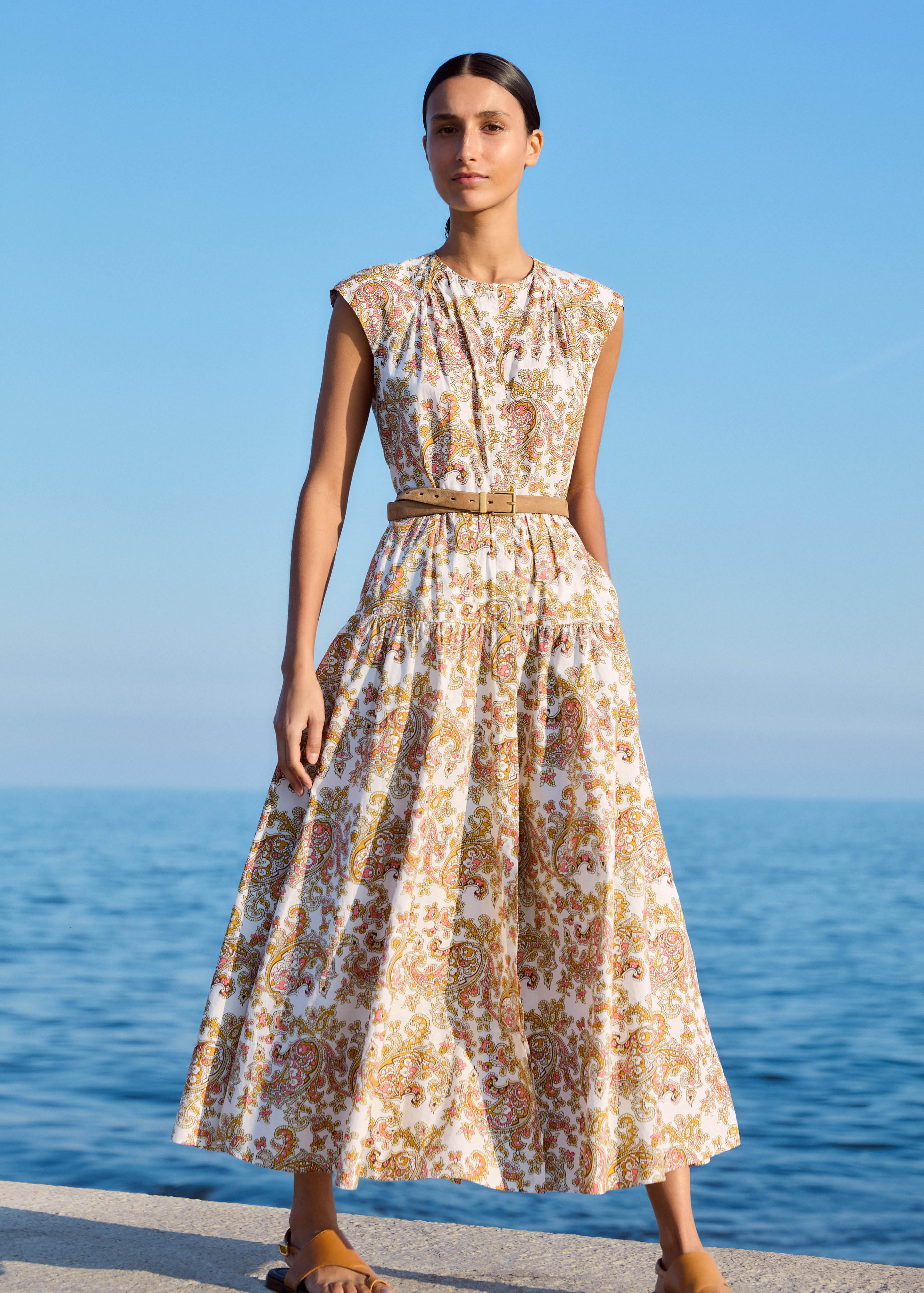 Cotton Poplin Geo Paisley Print Maxi Dress + Belt