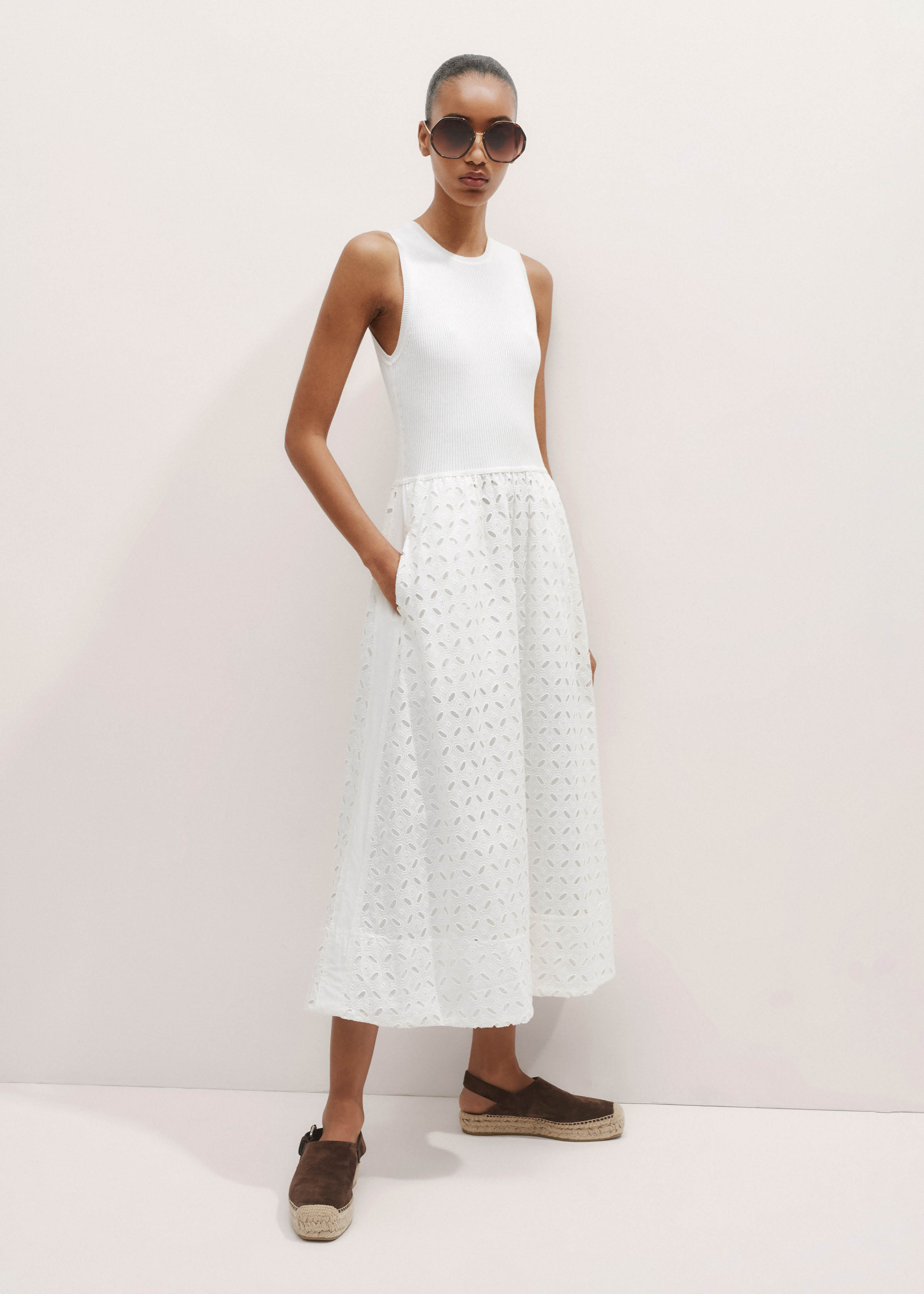 Women's White Knit + Broderie Mixed Media Midi Dress | ME+EM