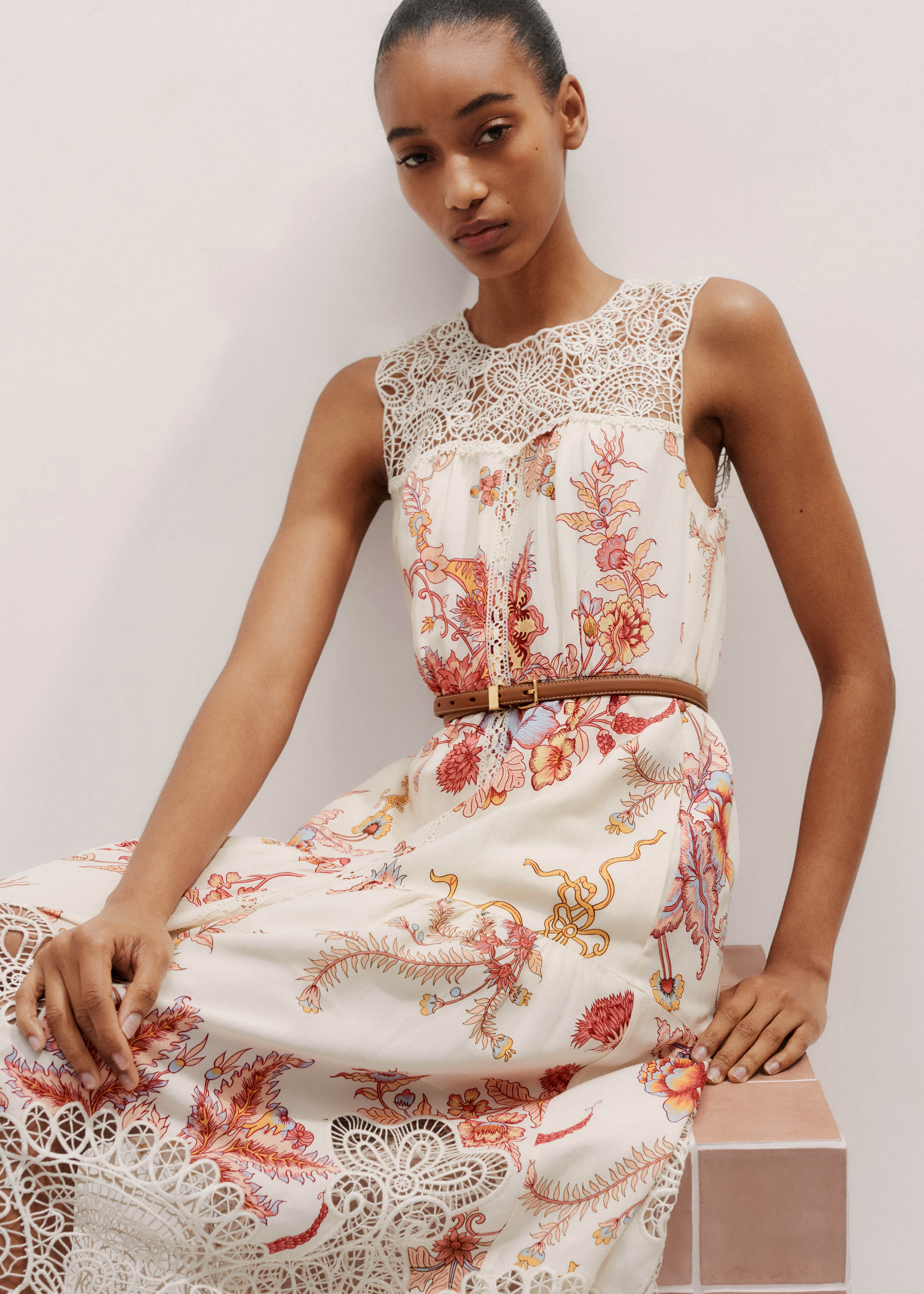 Linen-Blend Wild Bloom Print Midi Dress
