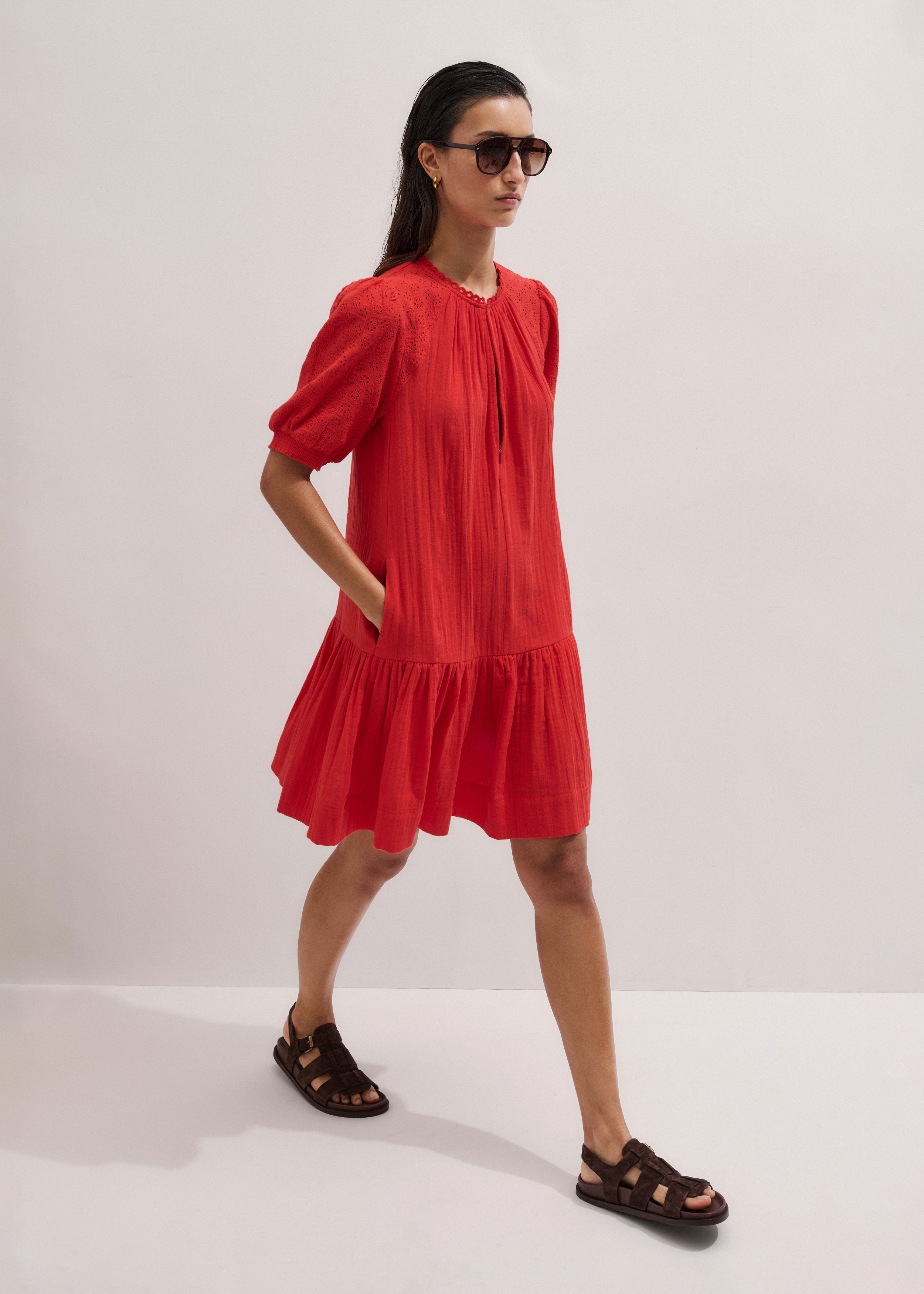 ME+EM Embroidered Cheesecloth Short Dress Poppy Red - Women's - Cotton Cheesecloth - Size US 2