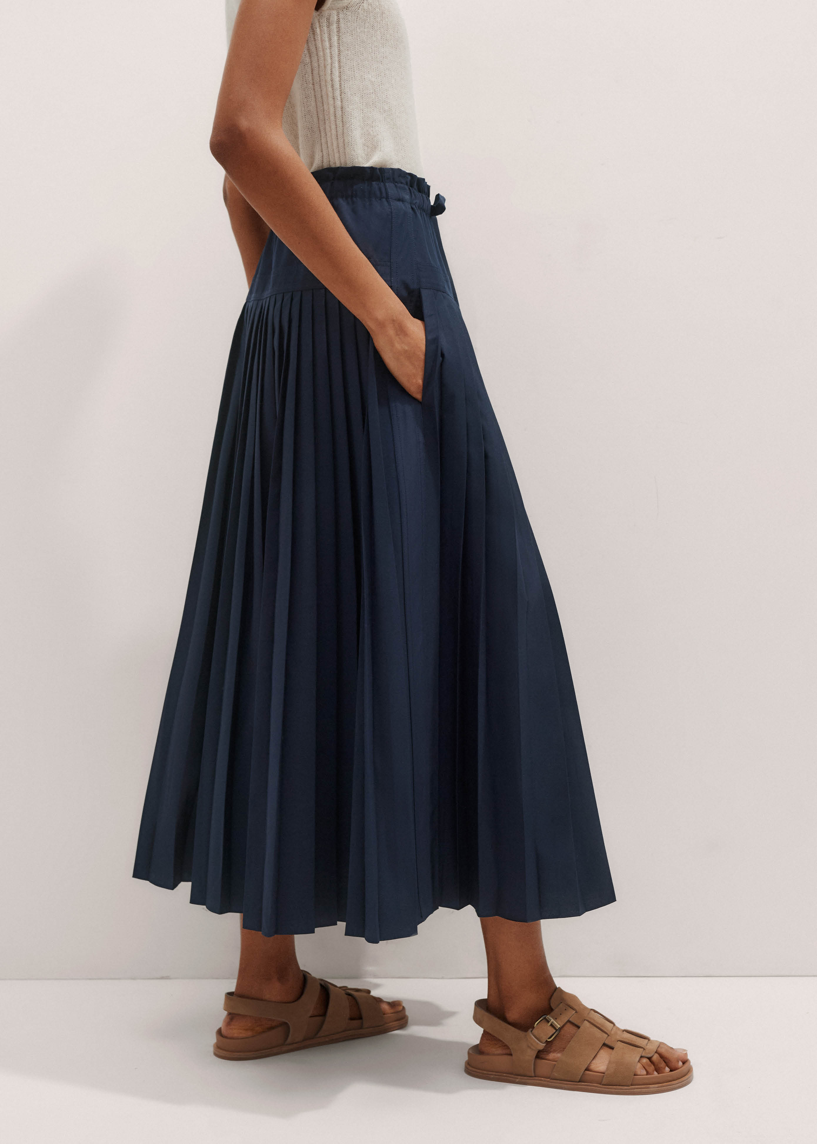 Women's Navy Cotton Pleated Maxi Skirt ME+EM