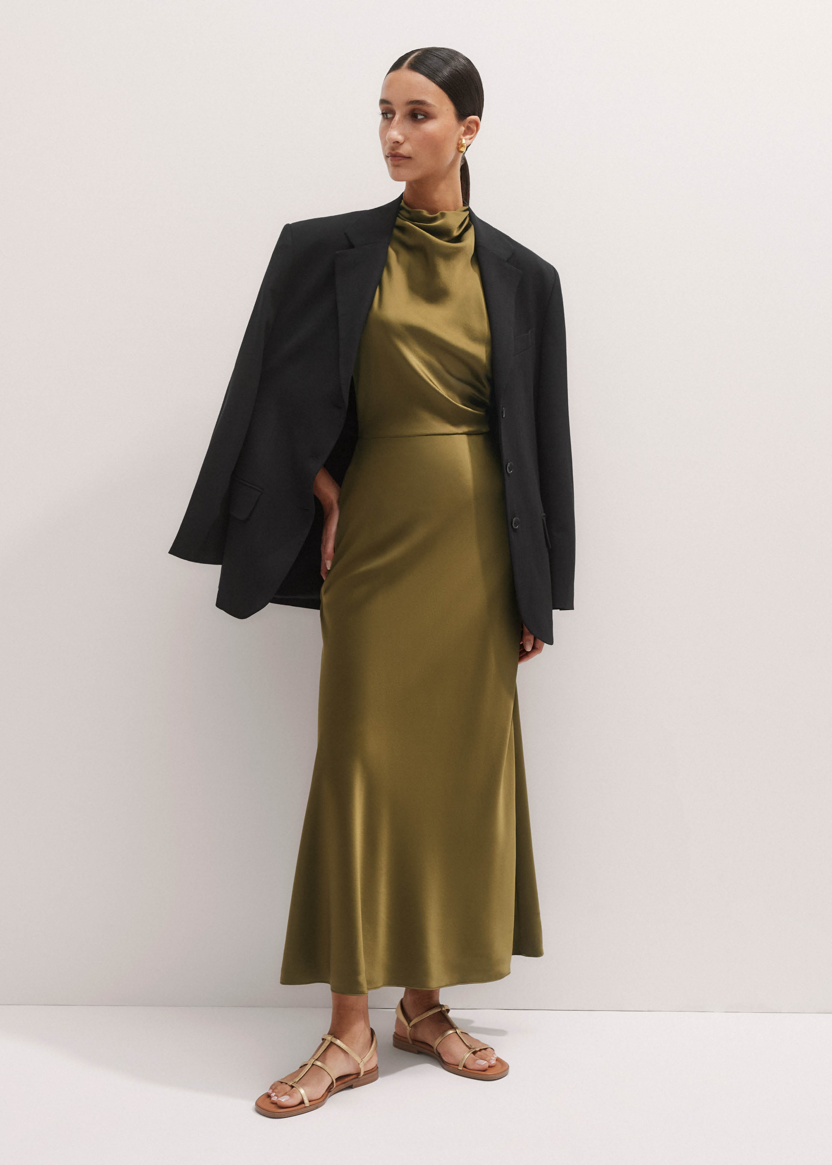 me and em green silk dress ME+EM Draped Halterneck Maxi Dress Golden Olive Green - Women's - Silk Satin