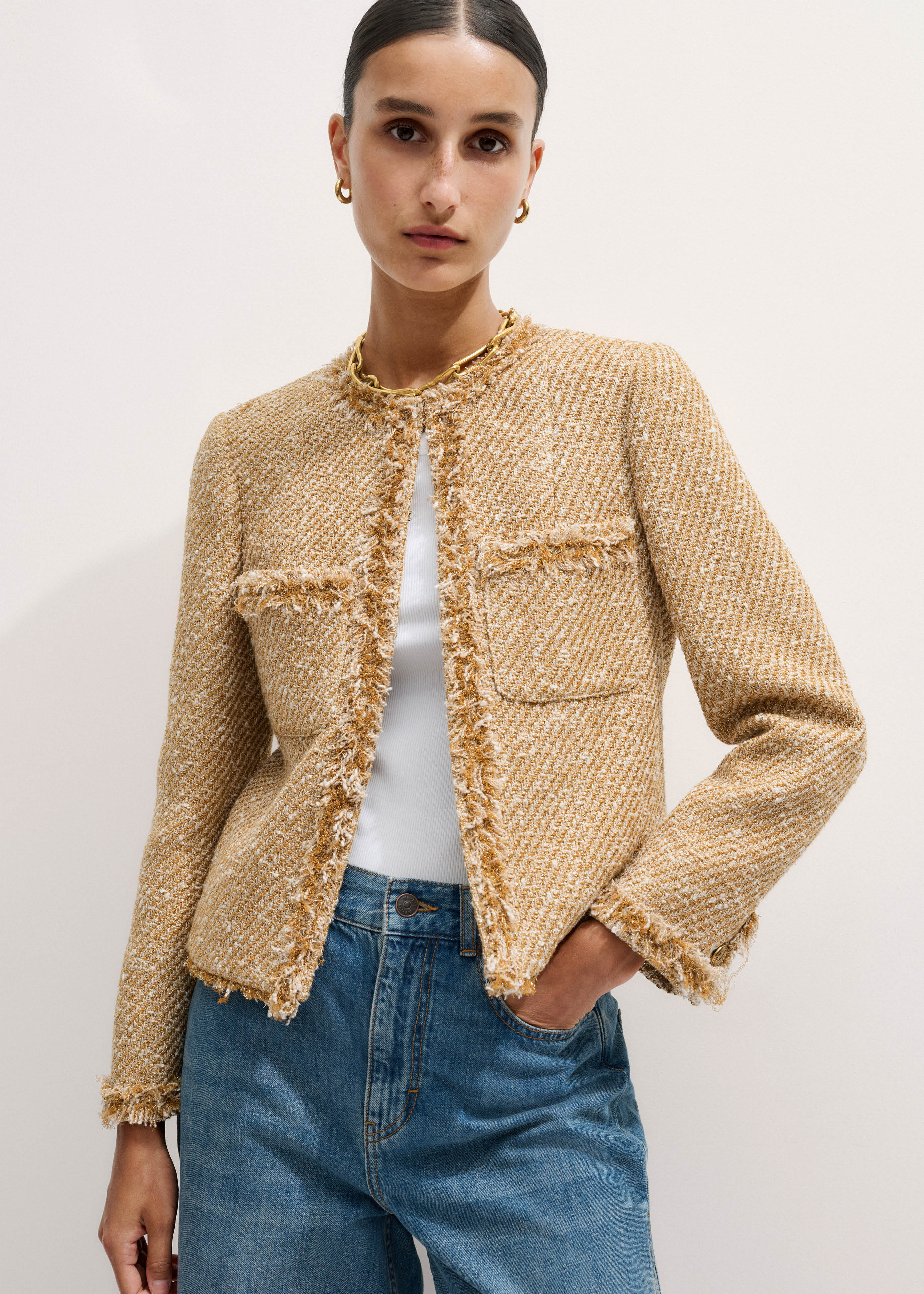 Women's Gold Metallic Tweed Evening Jacket | ME+EM