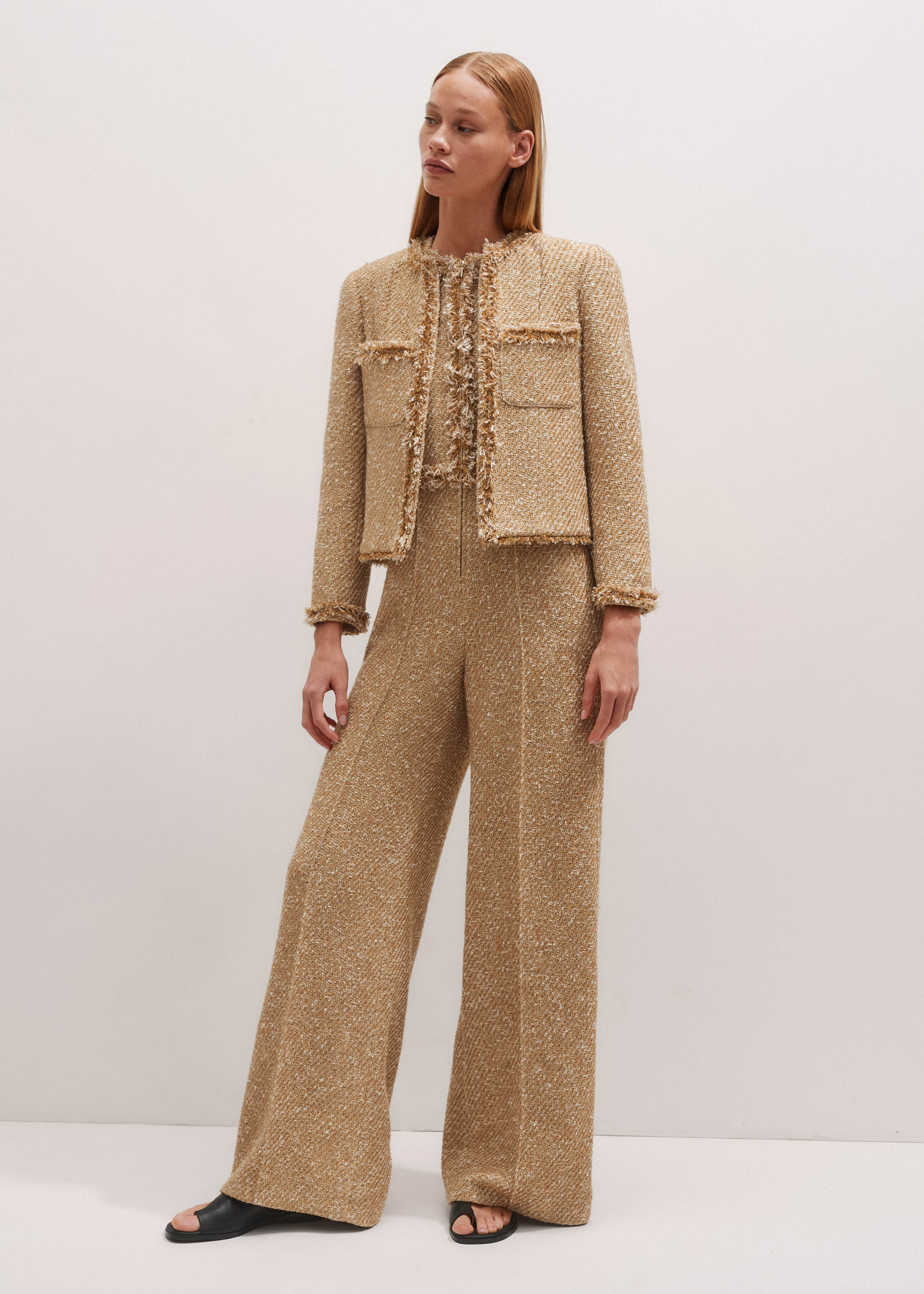 Women's Gold Event Ready Metallic Tweed Jumpsuit + Jacket Co