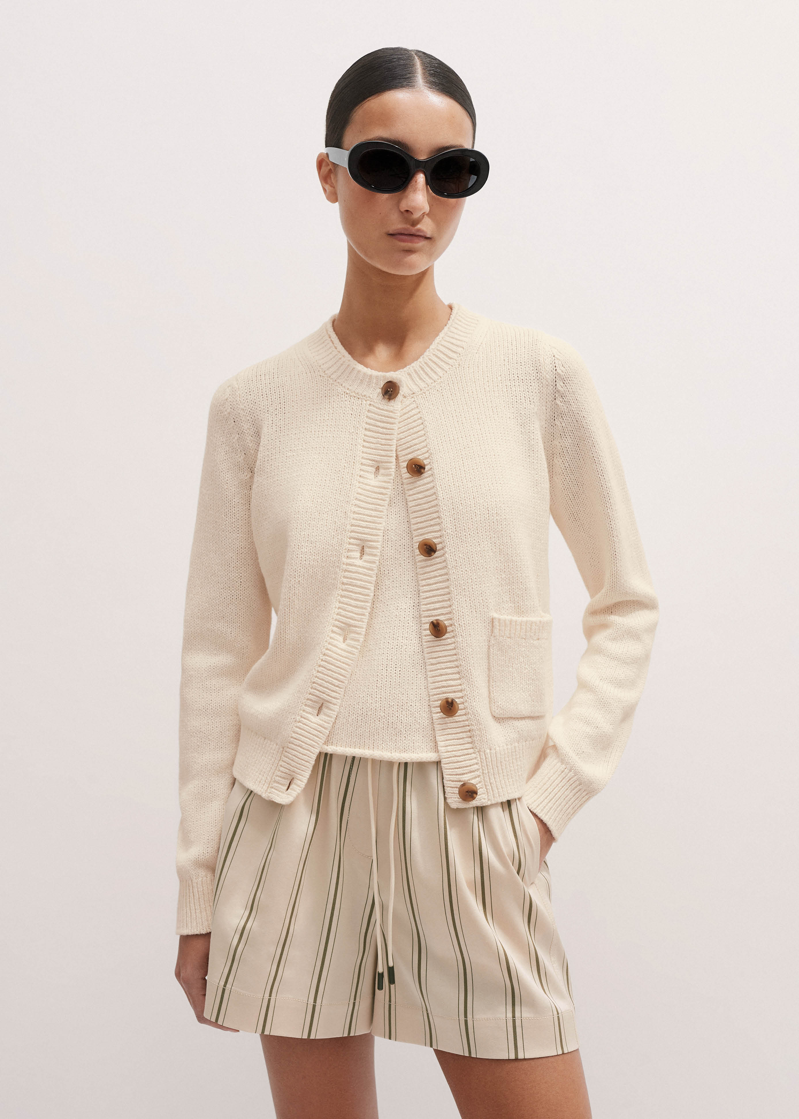 Women's Cream Bouclé Stripe Short Sleeve Cardigan | ME+EM