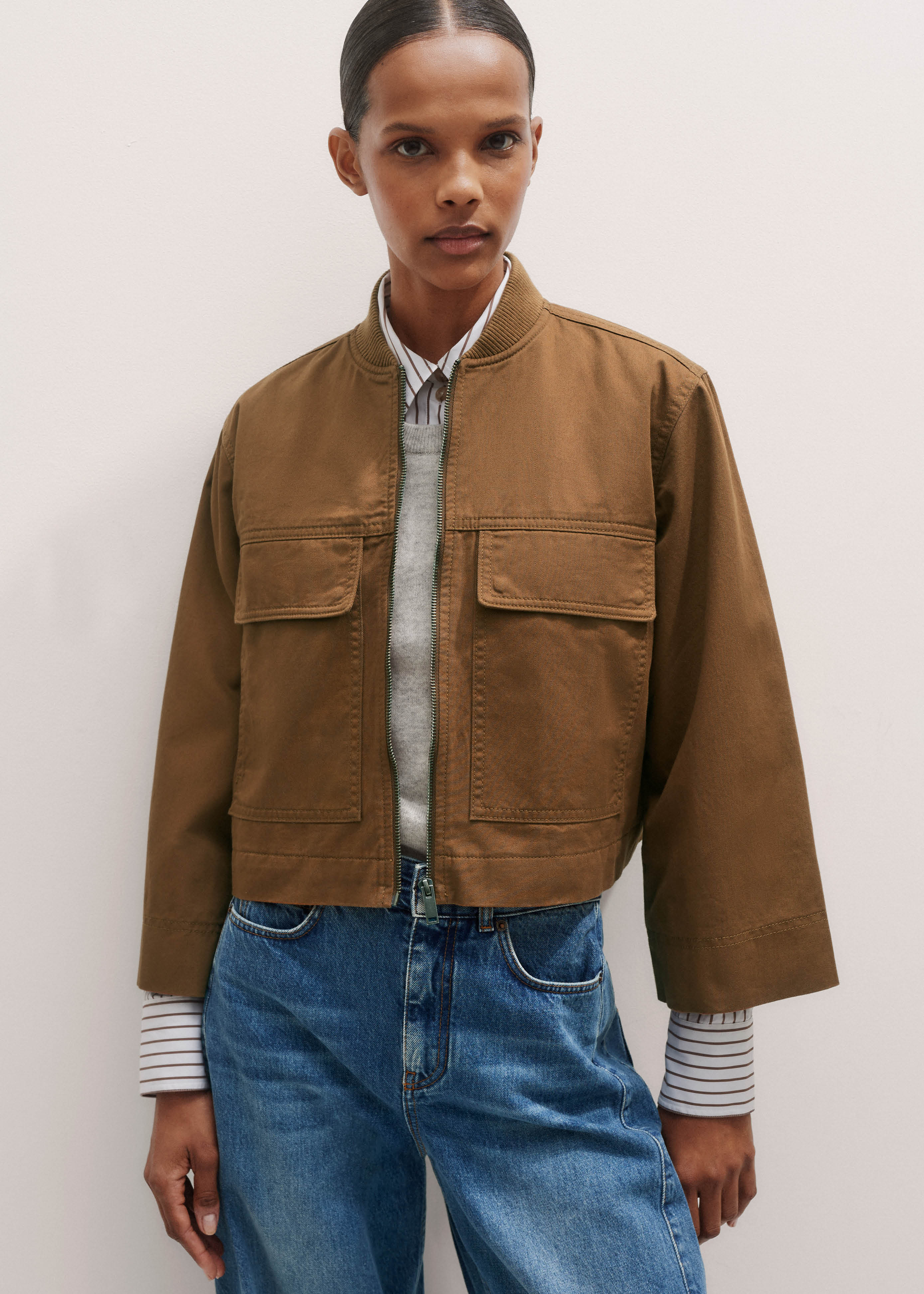Women's Brown Leather Utility Crop Jacket | ME+EM