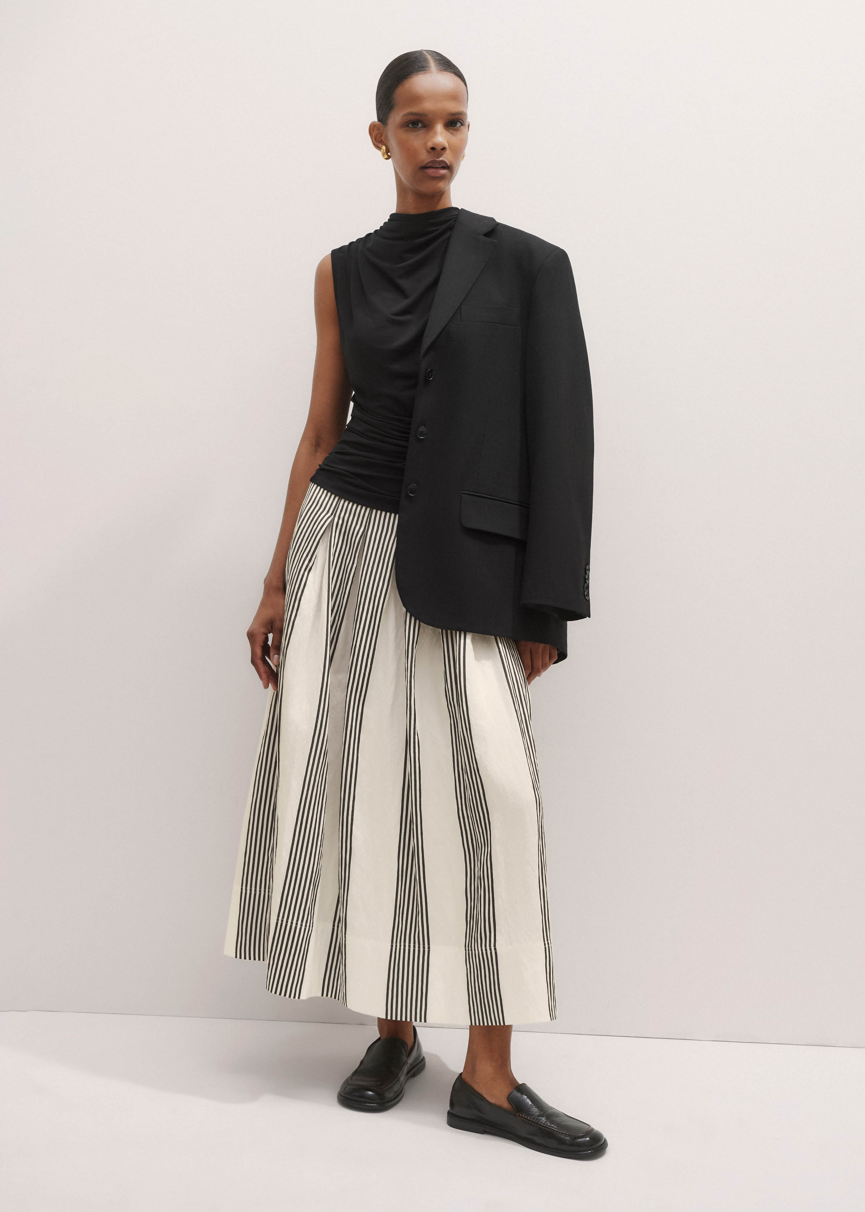 【Anyone more】Even stripe pleated skirt Women's Ivory Pleated Stripe Maxi Skirt | ME+EM