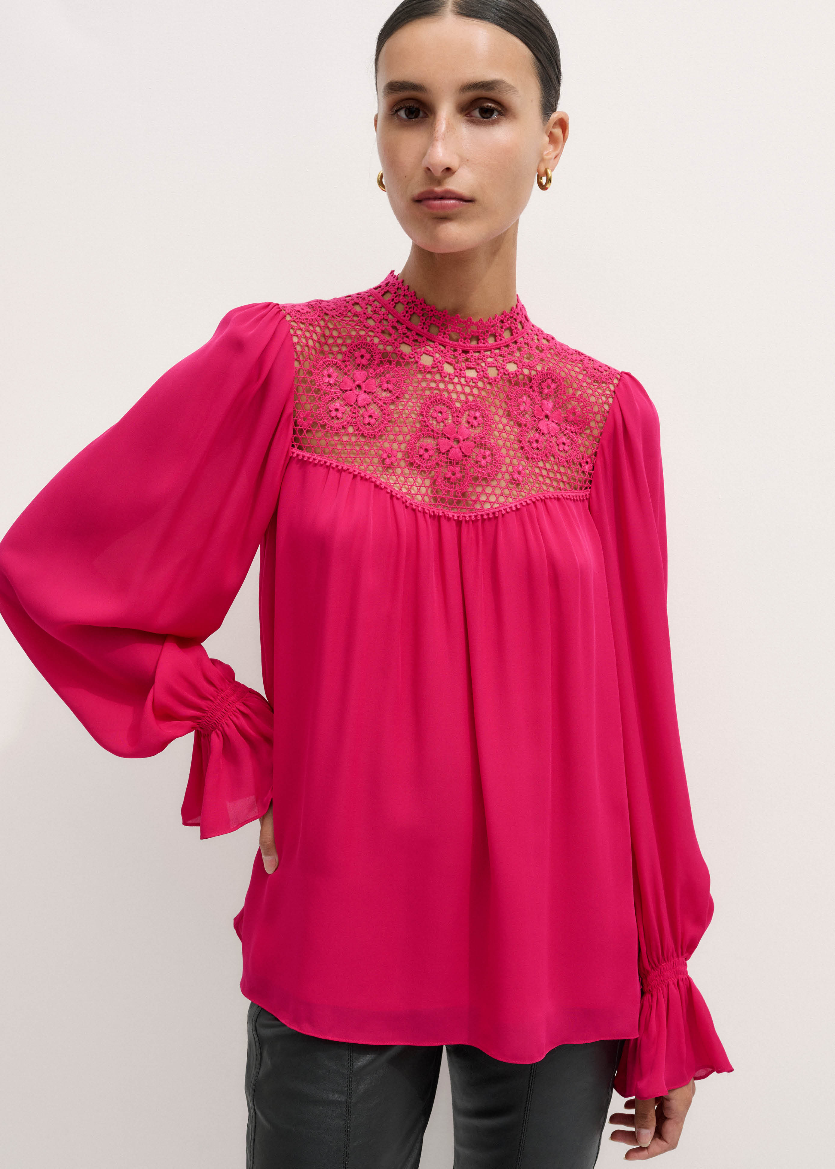 Women's Pink Silk + Lace Long Sleeve Blouse | ME+EM