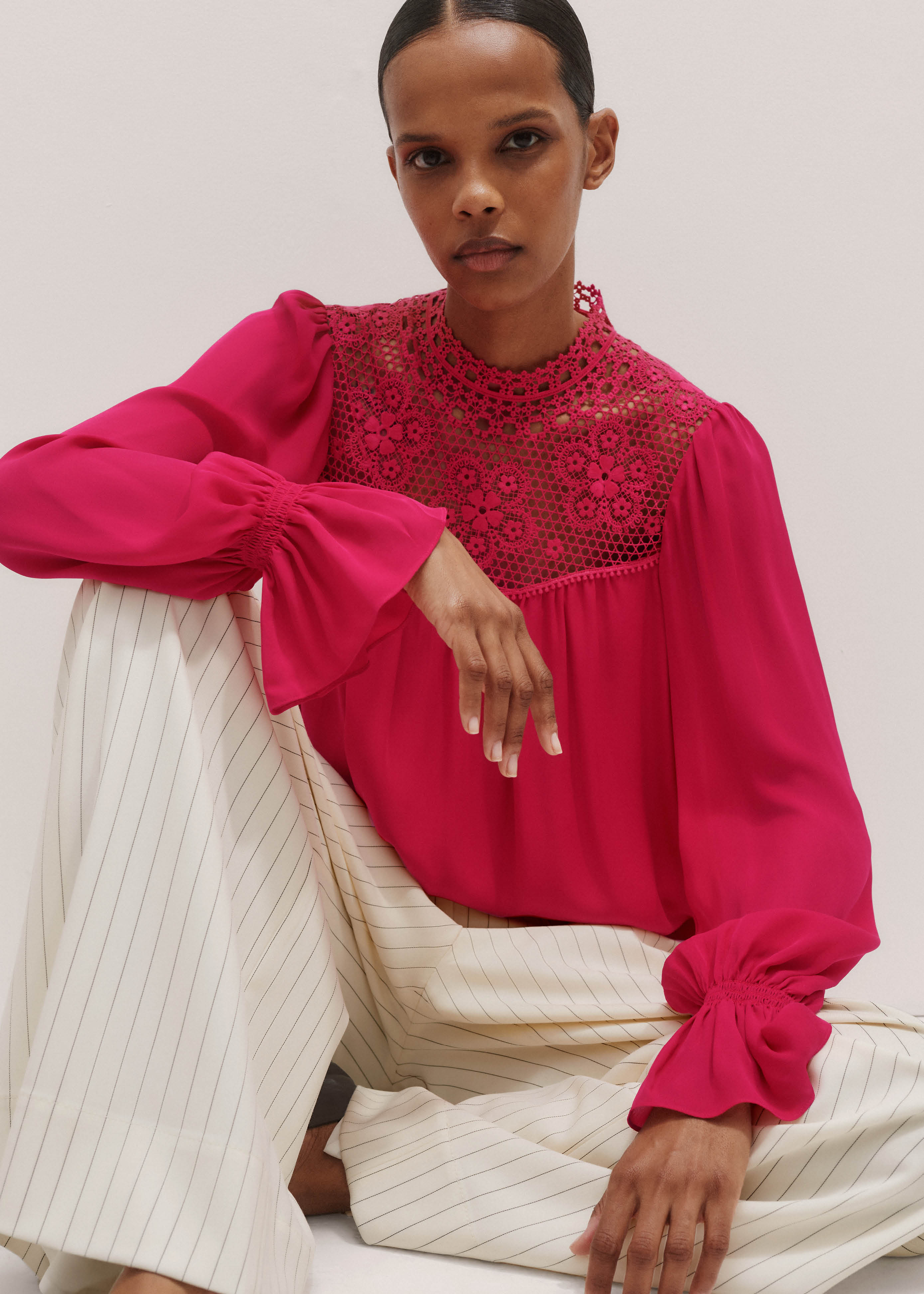 Women's Pink Silk + Lace Long Sleeve Blouse | ME+EM