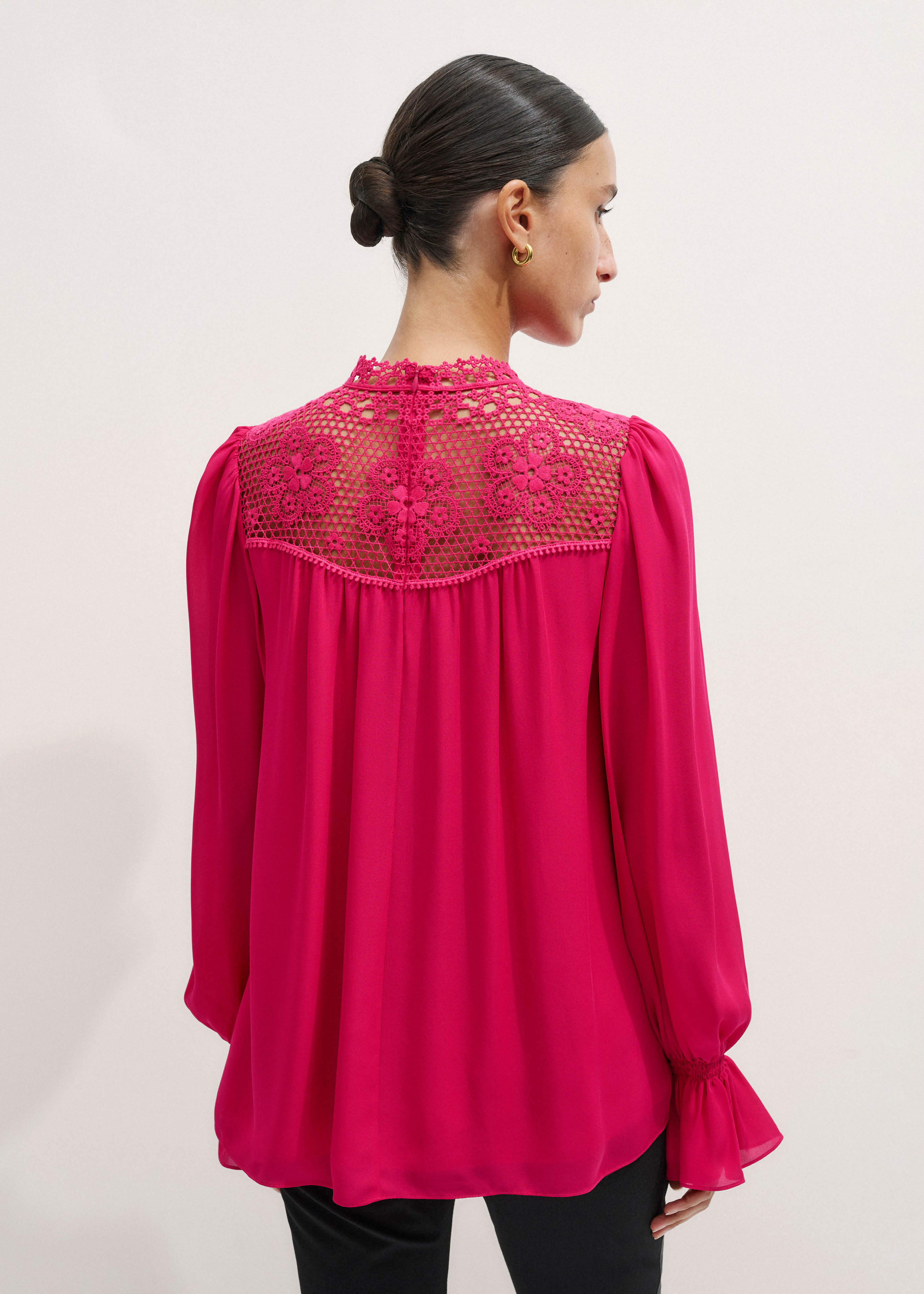 Women's Pink Silk + Lace Long Sleeve Blouse | ME+EM