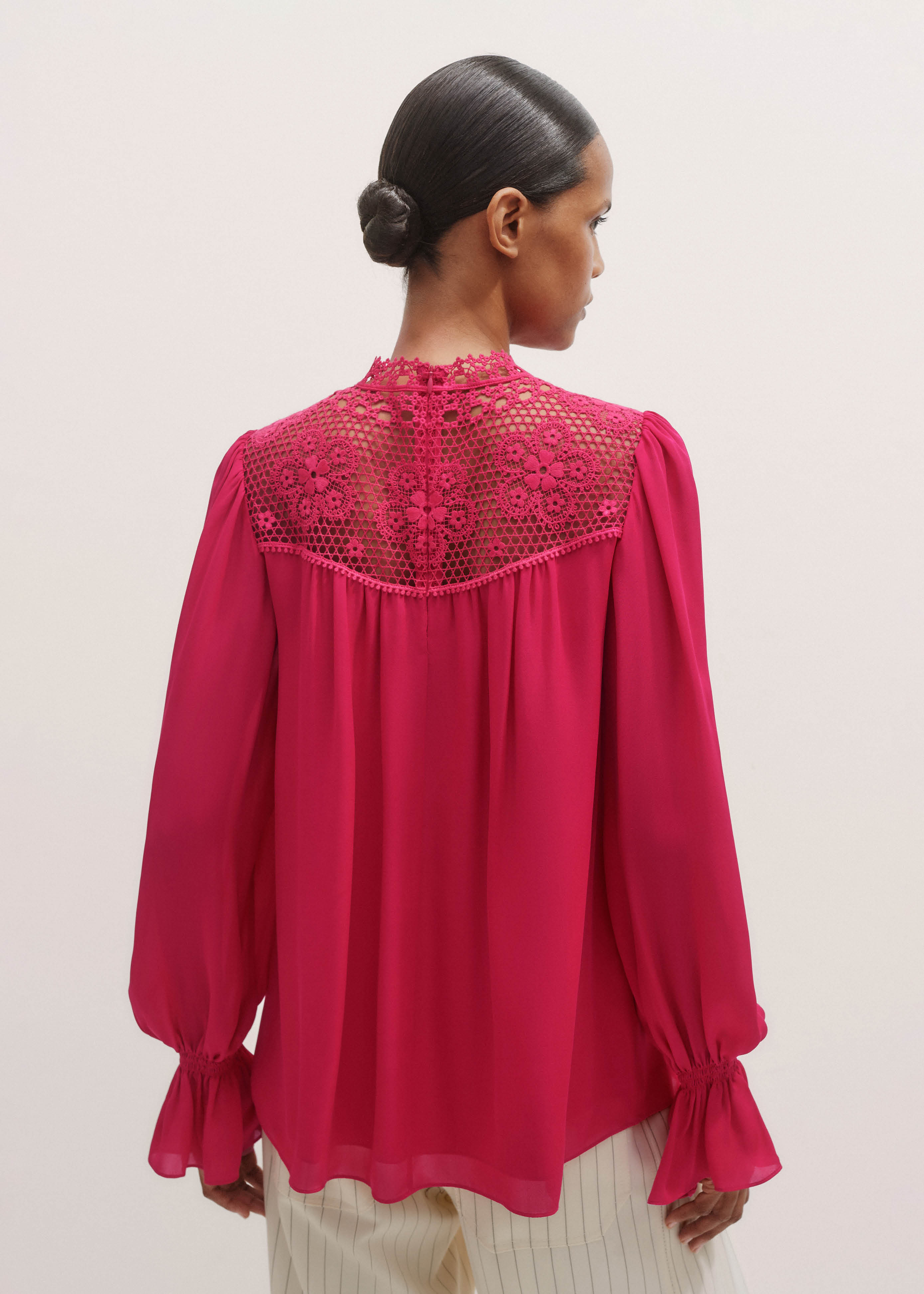Women's Pink Silk + Lace Long Sleeve Blouse | ME+EM