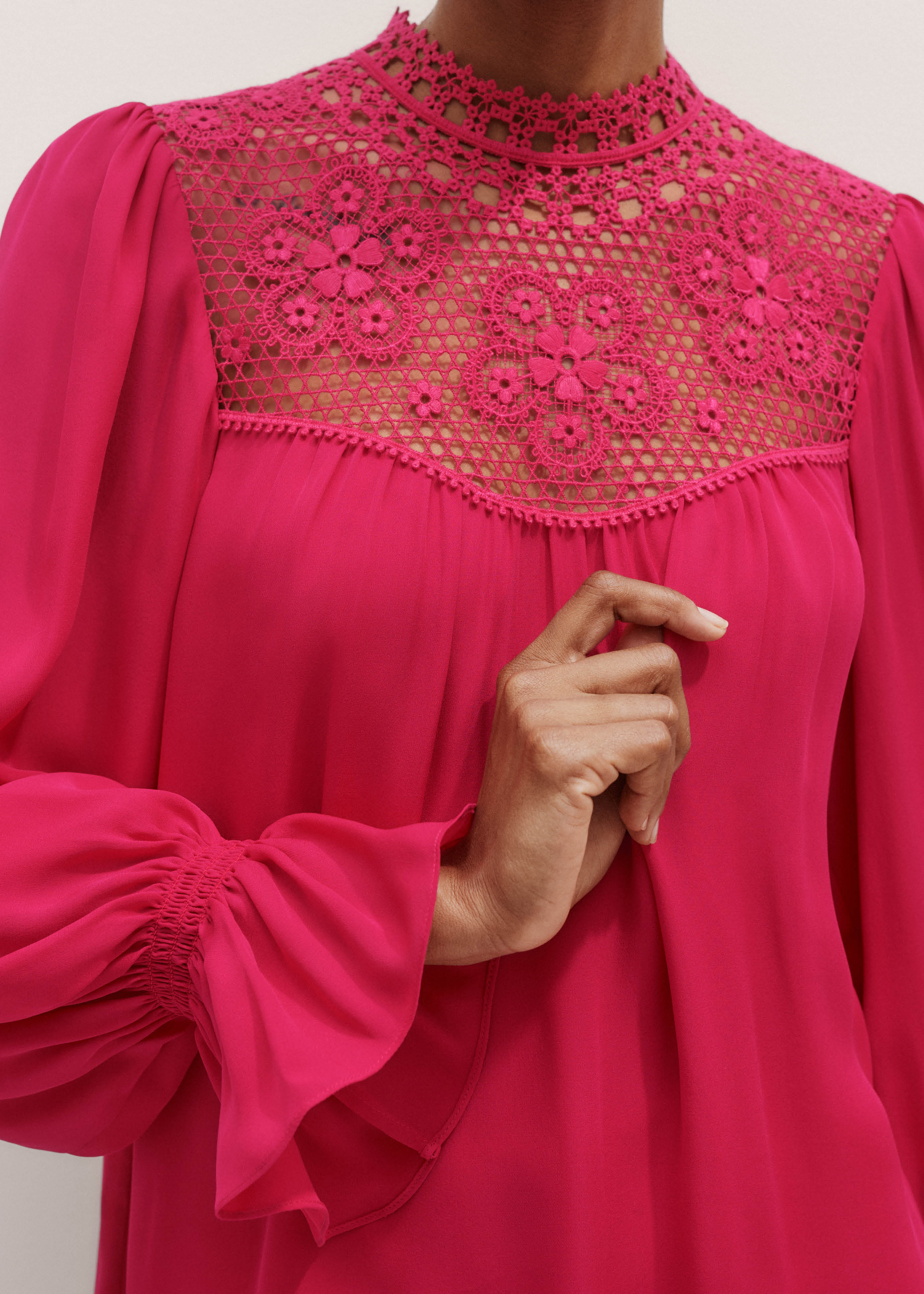Women's Pink Silk + Lace Long Sleeve Blouse | ME+EM