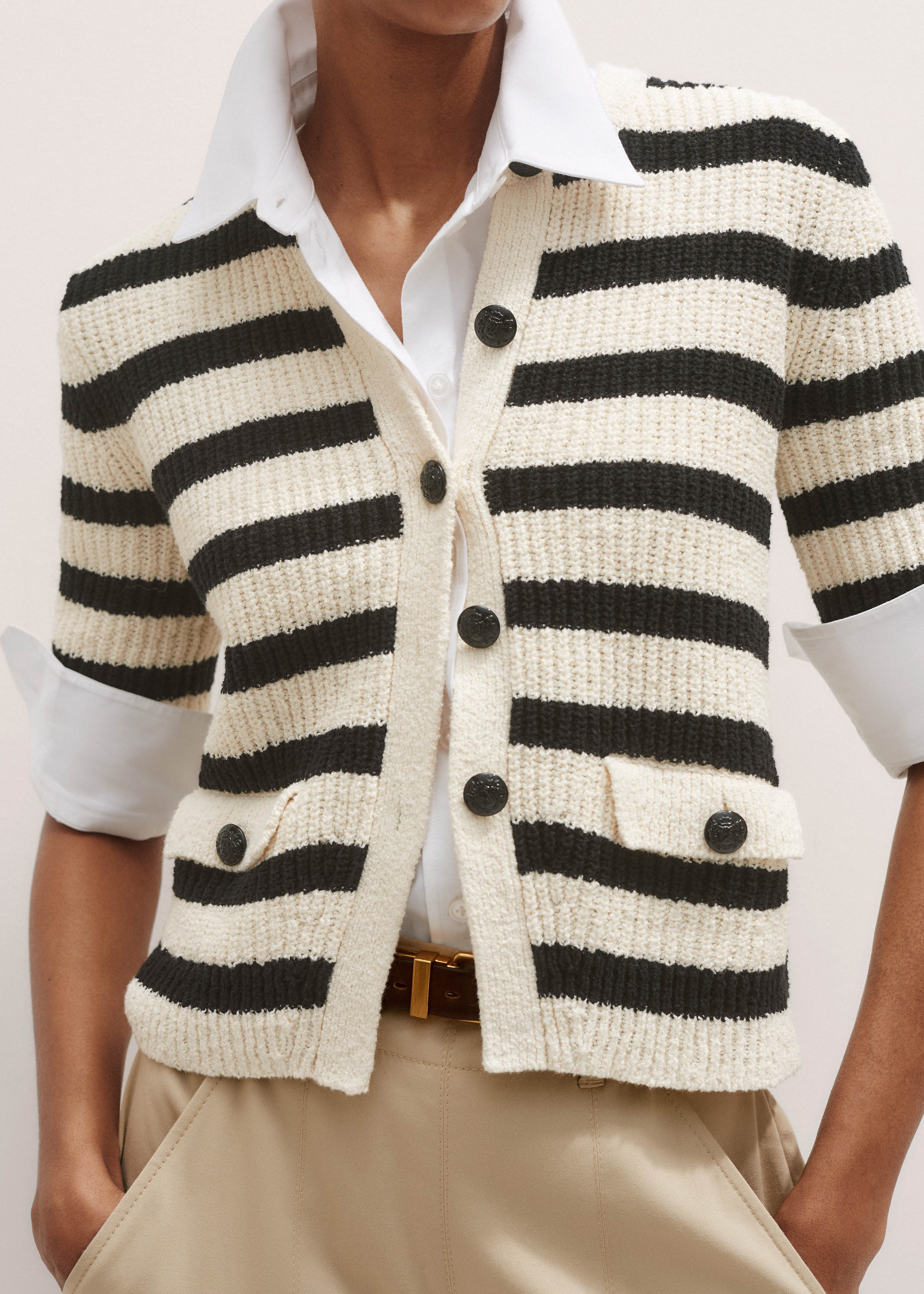 Women's Cream Bouclé Stripe Short Sleeve Cardigan | ME+EM