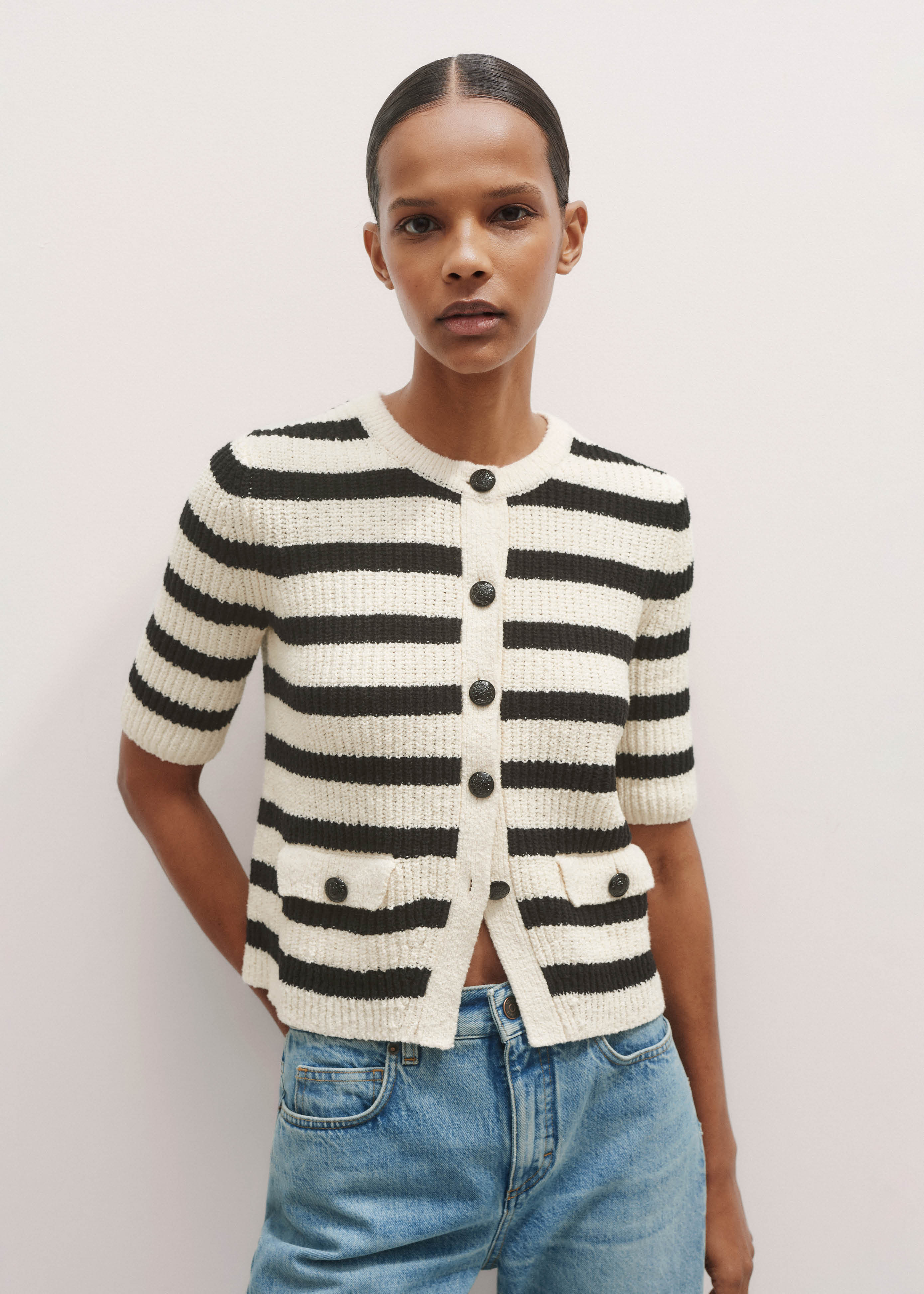 Women's Cream Bouclé Stripe Short Sleeve Cardigan | ME+EM