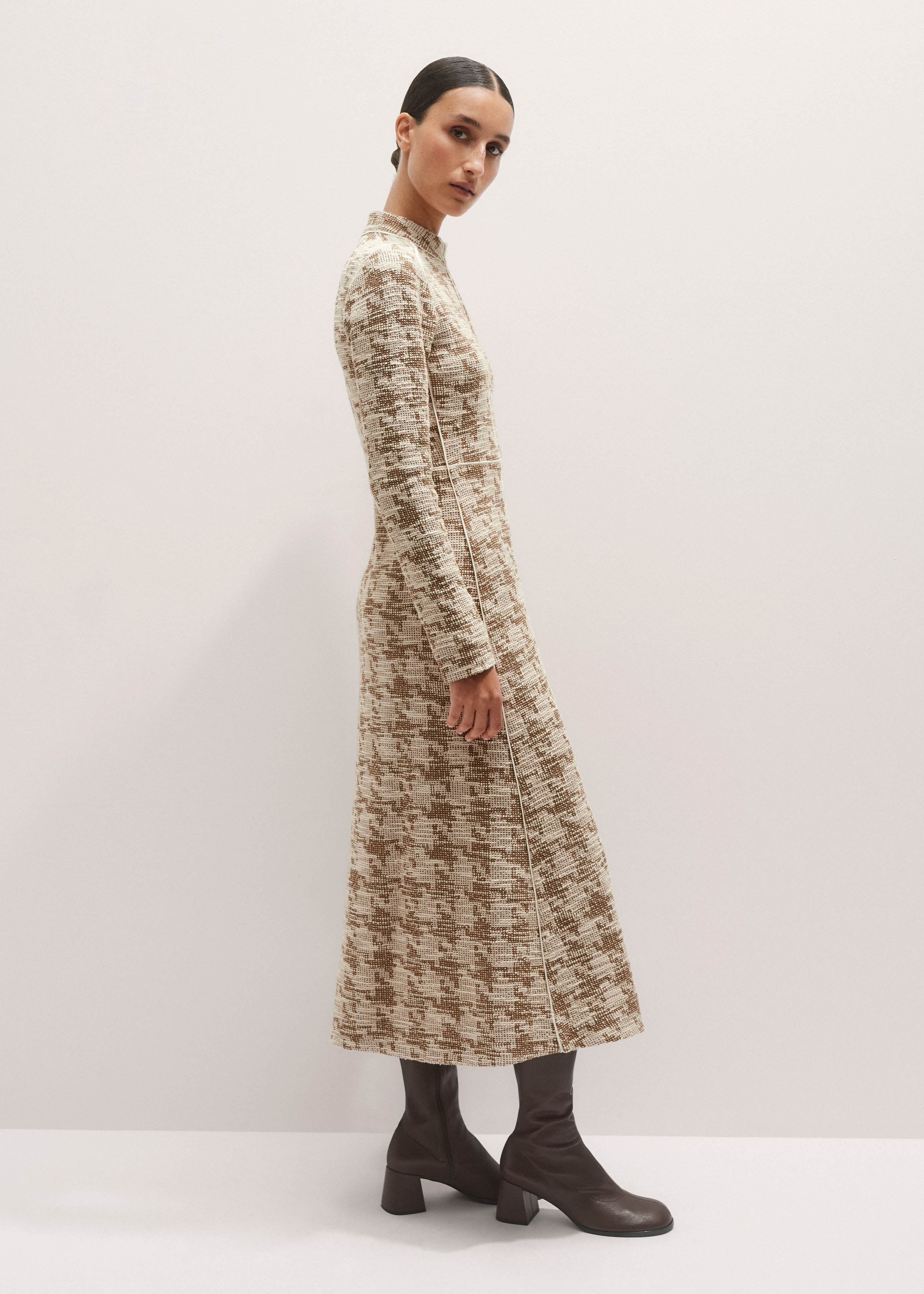Women's Brown Exaggerated Houndstooth Midi Dress | ME+EM