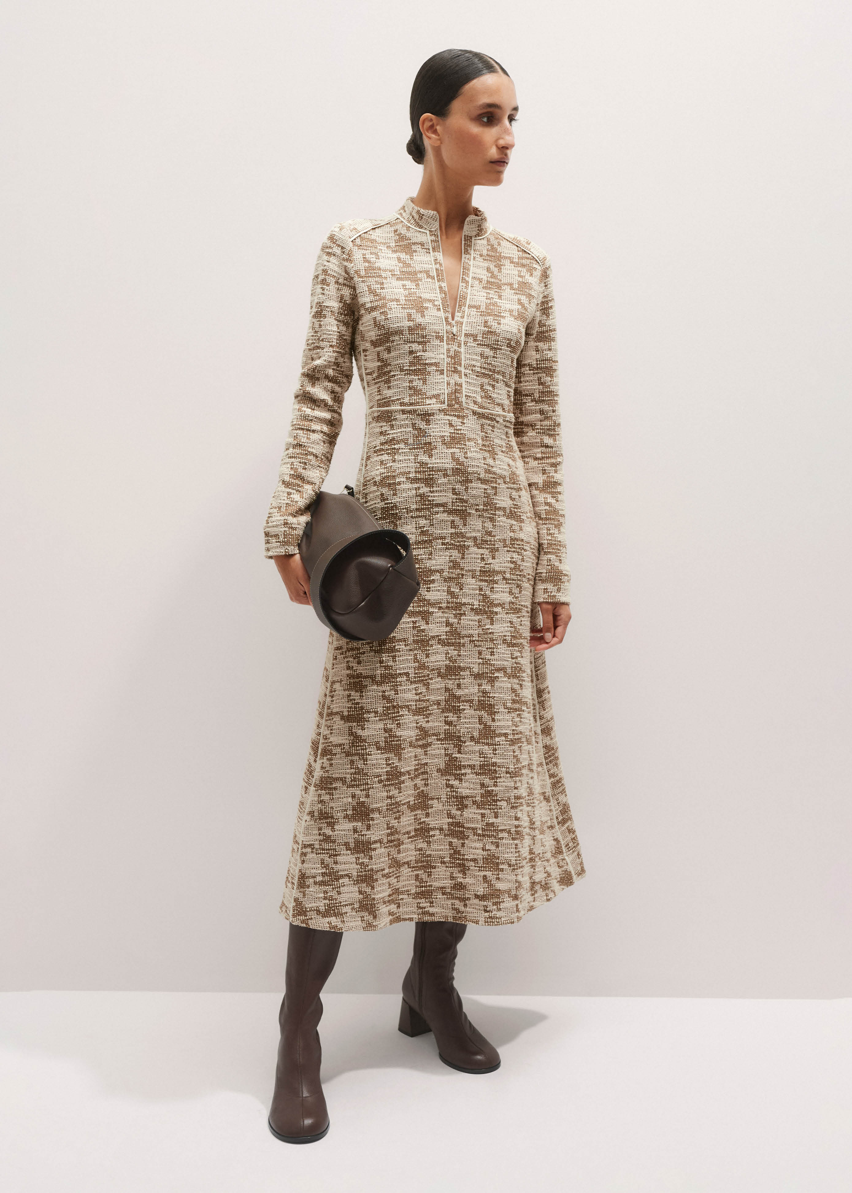 ME+EM Travel Tweed Midi Dress - Camel/Ivory