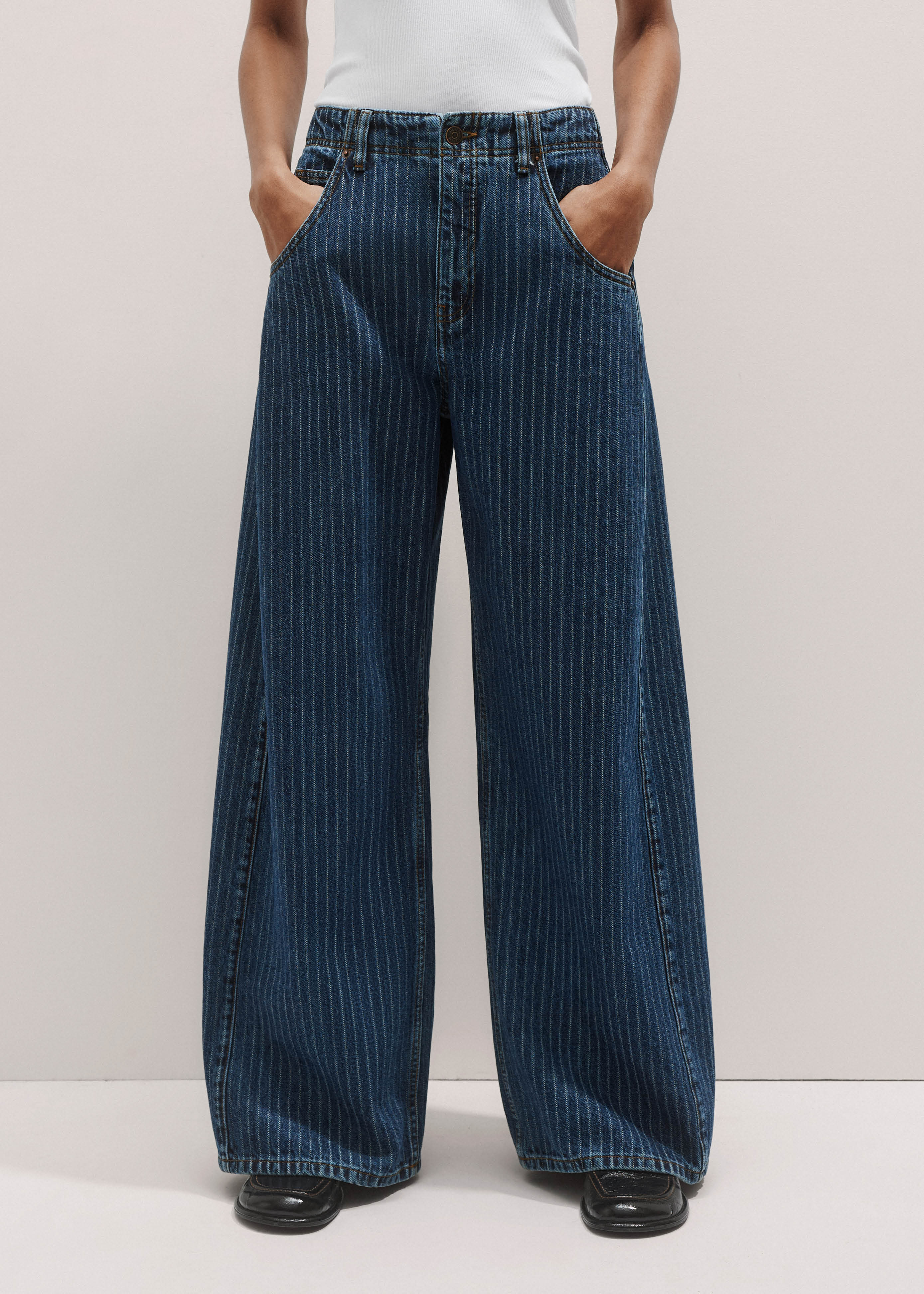 Women's Blue Relaxed Stripe Wide-Leg Jean | ME+EM