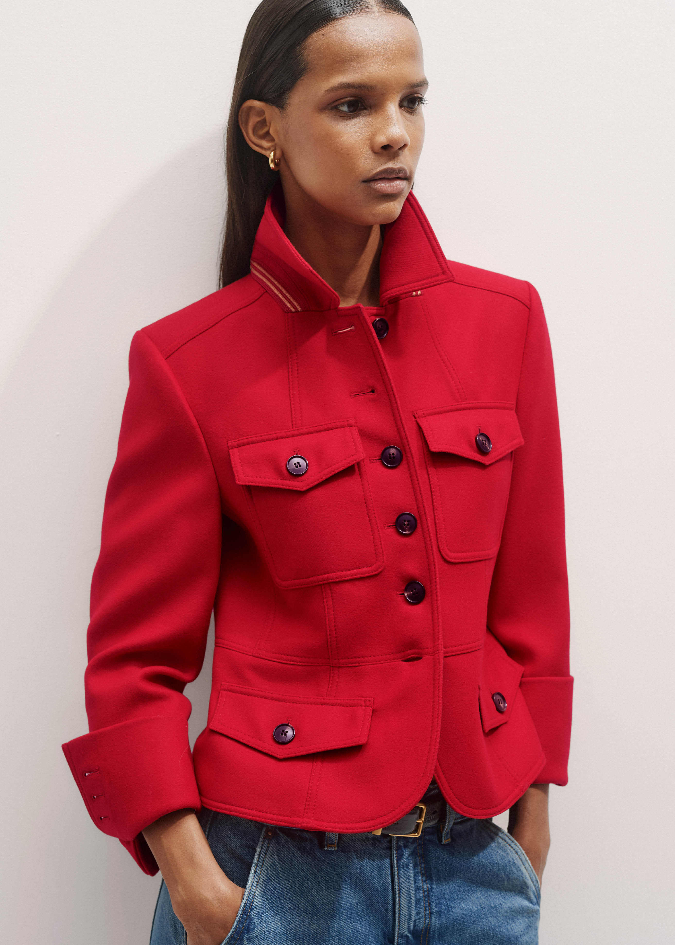 Darkrock Women's Red Wool Military Band Jacket – French Terry, Vintage Officer Style, Size L/XL
