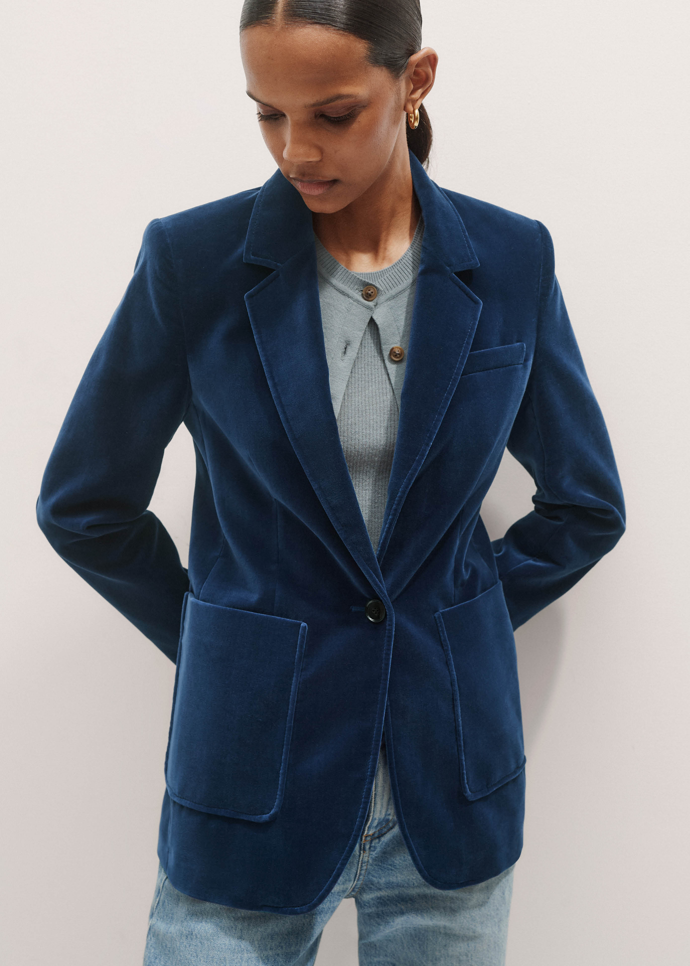 Women's Blue Velvet Sharp Shoulder Jacket | ME+EM