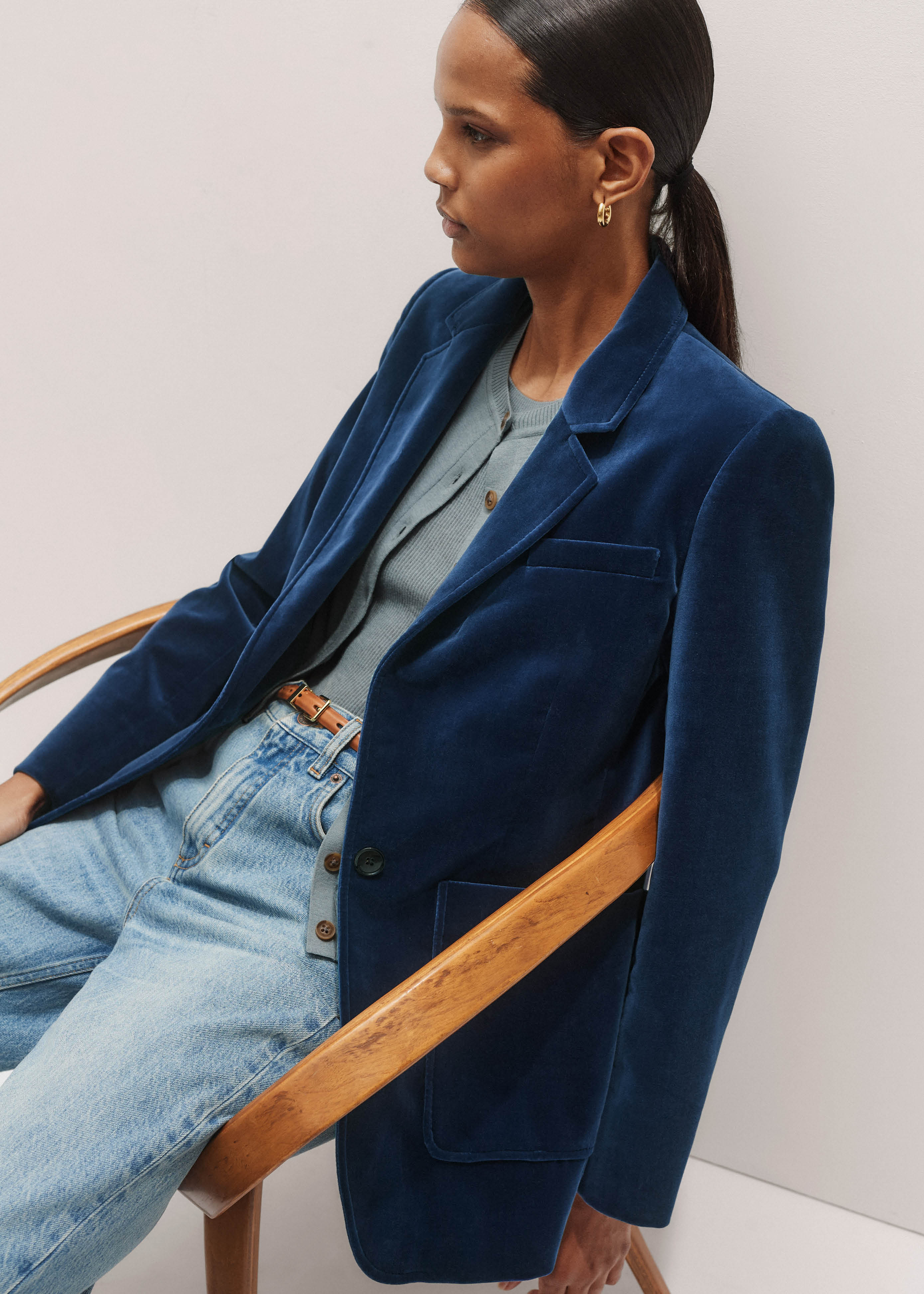 【日本入手困難】Chambray jacket with velvet collar Women's Blue Velvet Sharp Shoulder Jacket | ME+EM