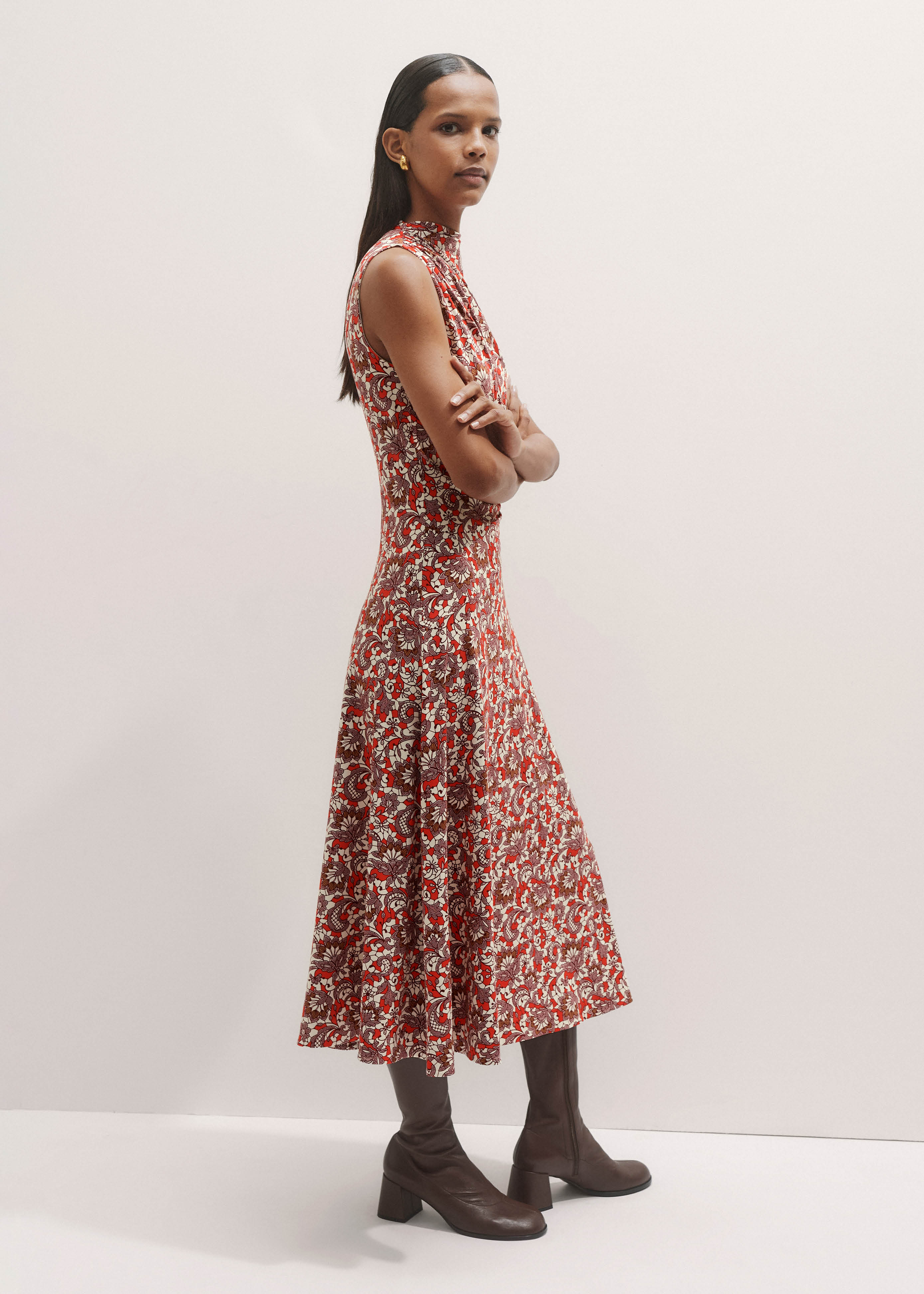 Women's Red Sleeveless Ruched Jersey Midi Dress | ME+EM