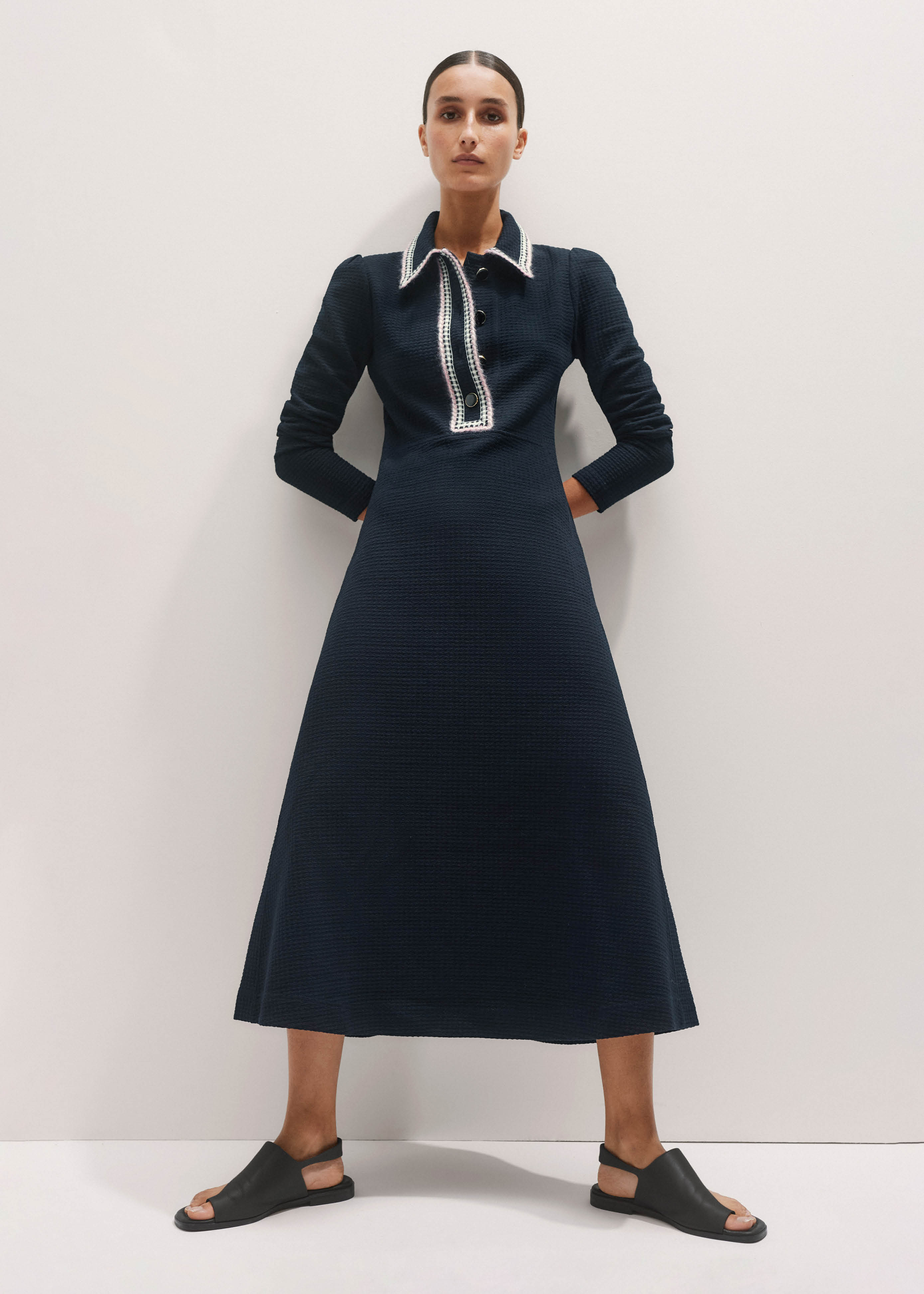 ME+EM Crochet Trim Fit And Flare Midi Dress - Navy