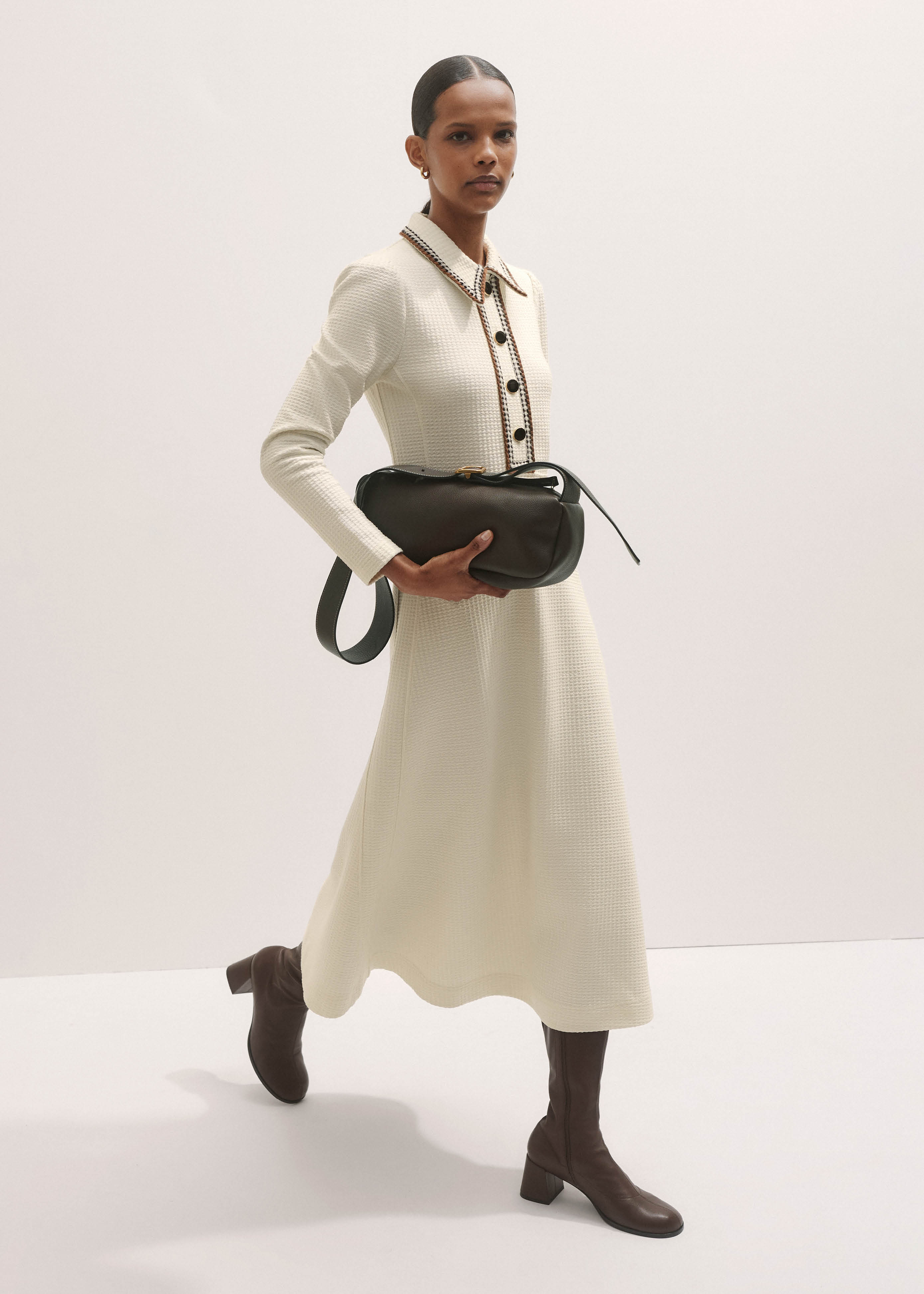 Women's Brown Exaggerated Houndstooth Midi Dress | ME+EM