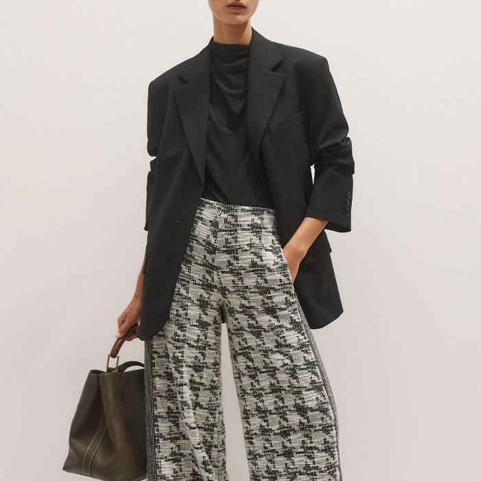 パンツ emiriawiz Classical tweed tuck pants Women's Black Travel Tweed Wide-Leg Pant | ME+EM