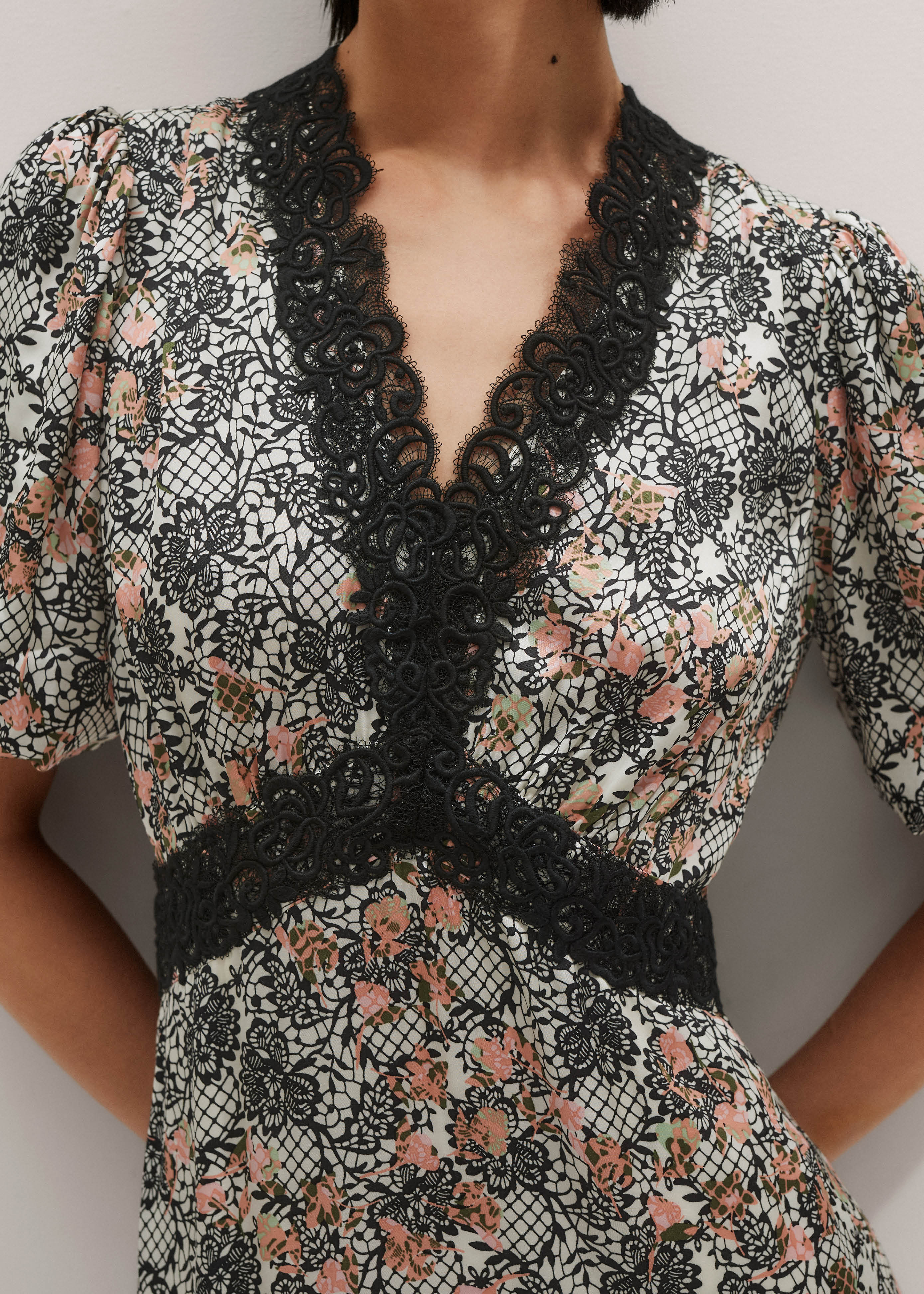 ME+EM Satin Lace Detail Maxi Dress - Light Cream Multi