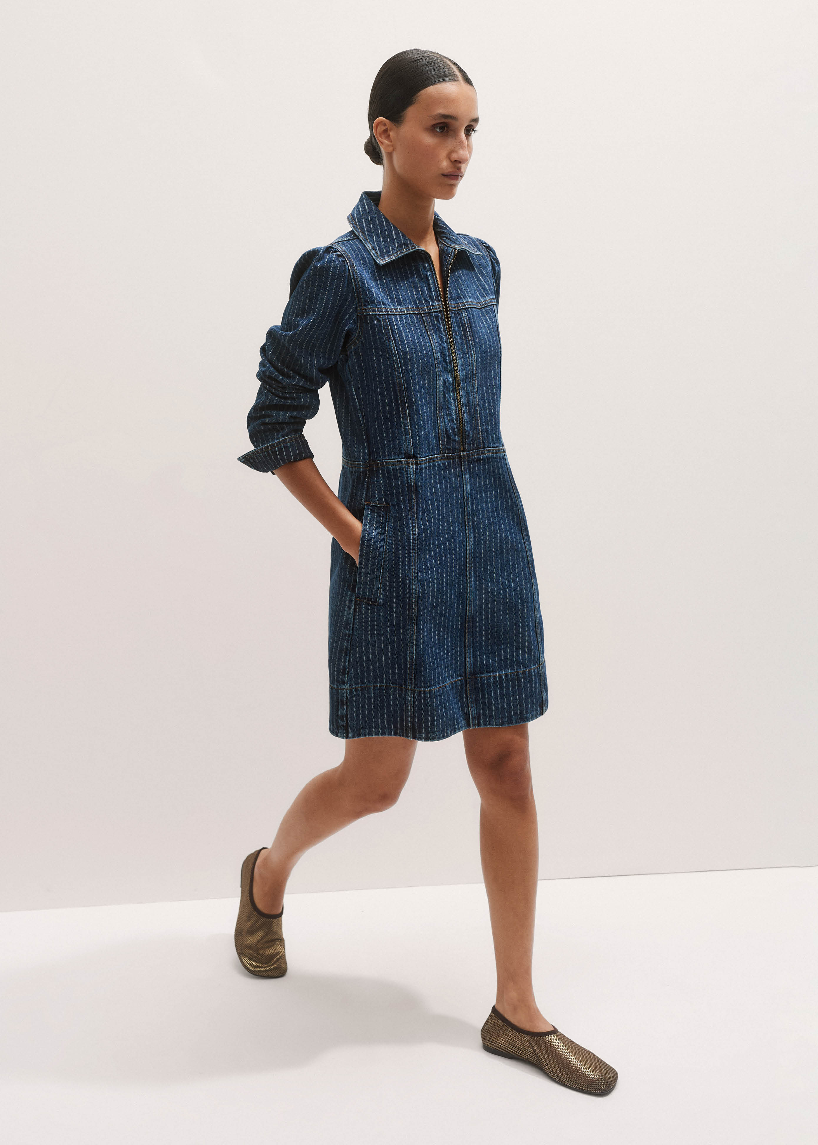 Women's Blue Stripe Denim Zip Front Mini Dress | ME+EM