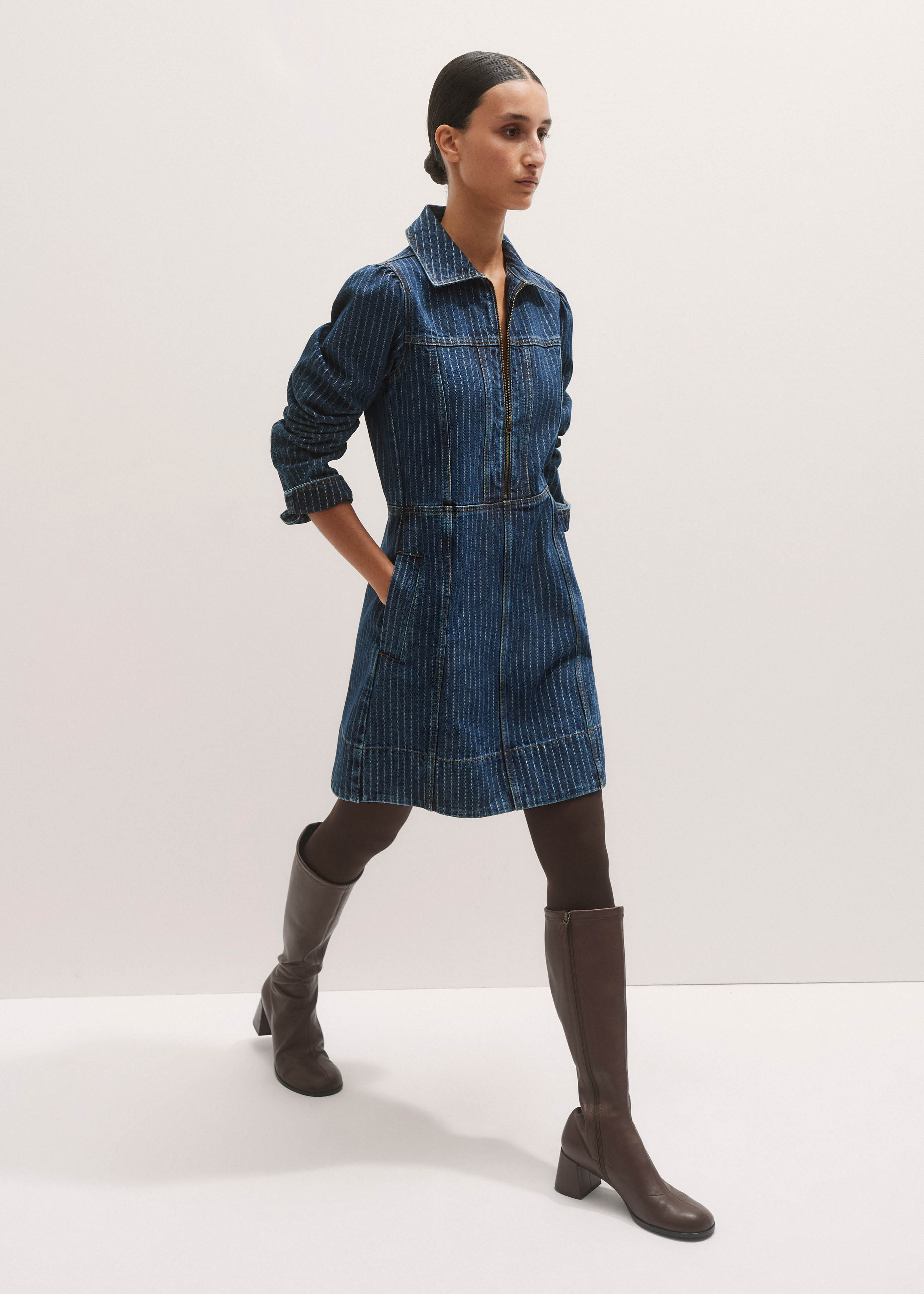 Women's Blue Stripe Denim Zip Front Mini Dress | ME+EM Women's Blue Stripe Denim Zip Front Mini Dress | ME+EM