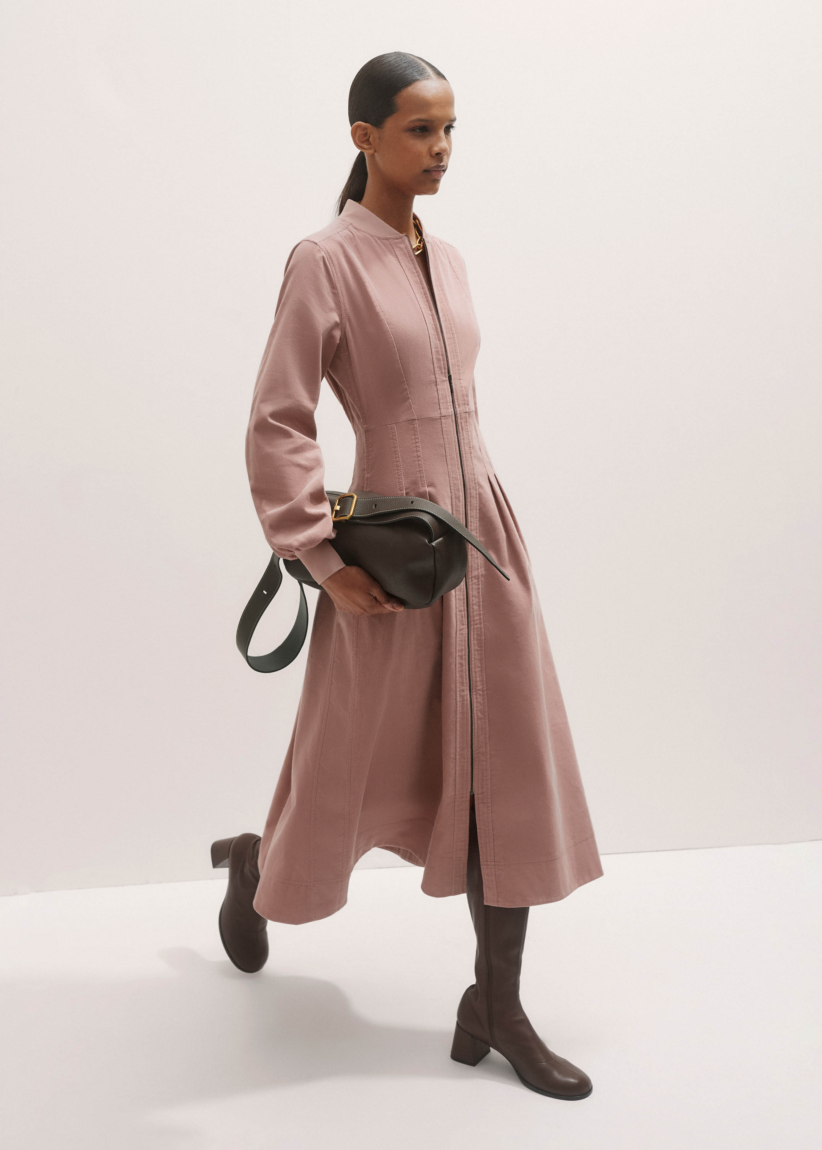 Women's Brown Exaggerated Houndstooth Midi Dress | ME+EM