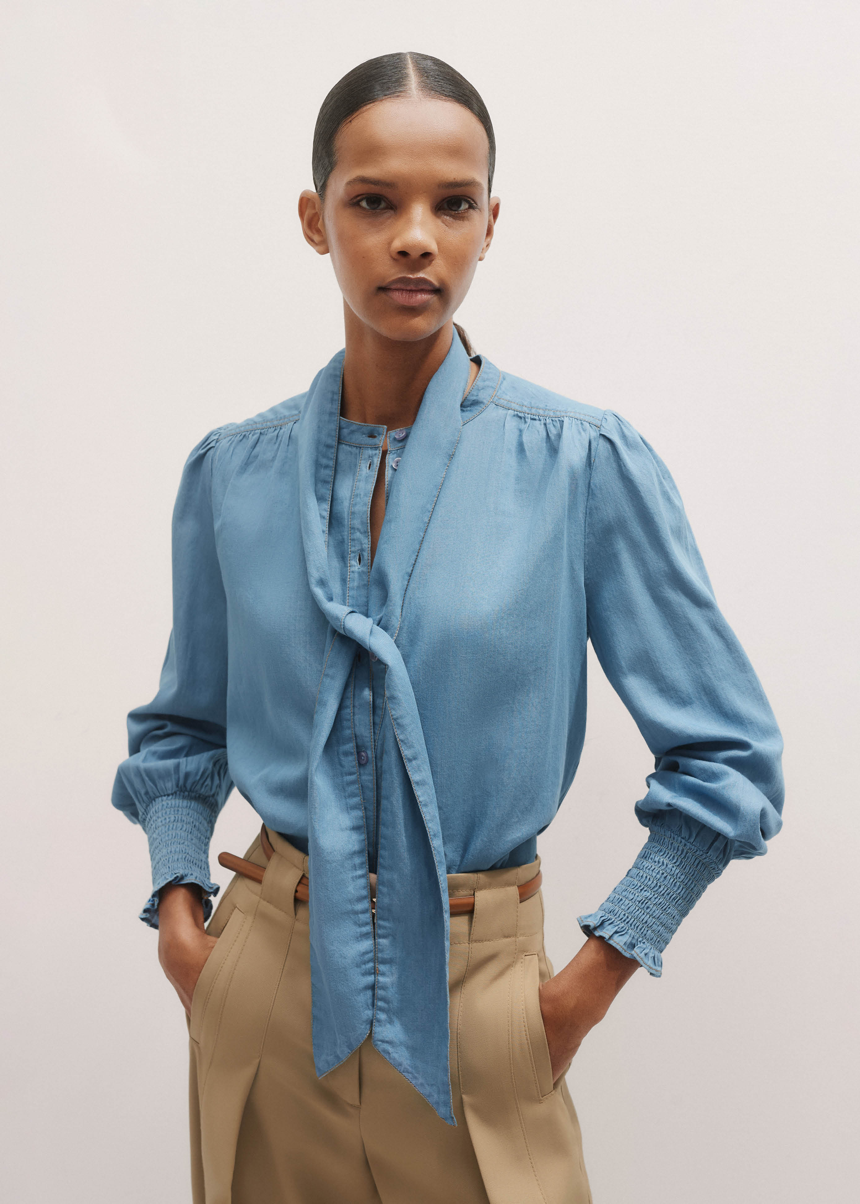 Women's Blue Chambray Pussybow Blouse + Tie | ME+EM