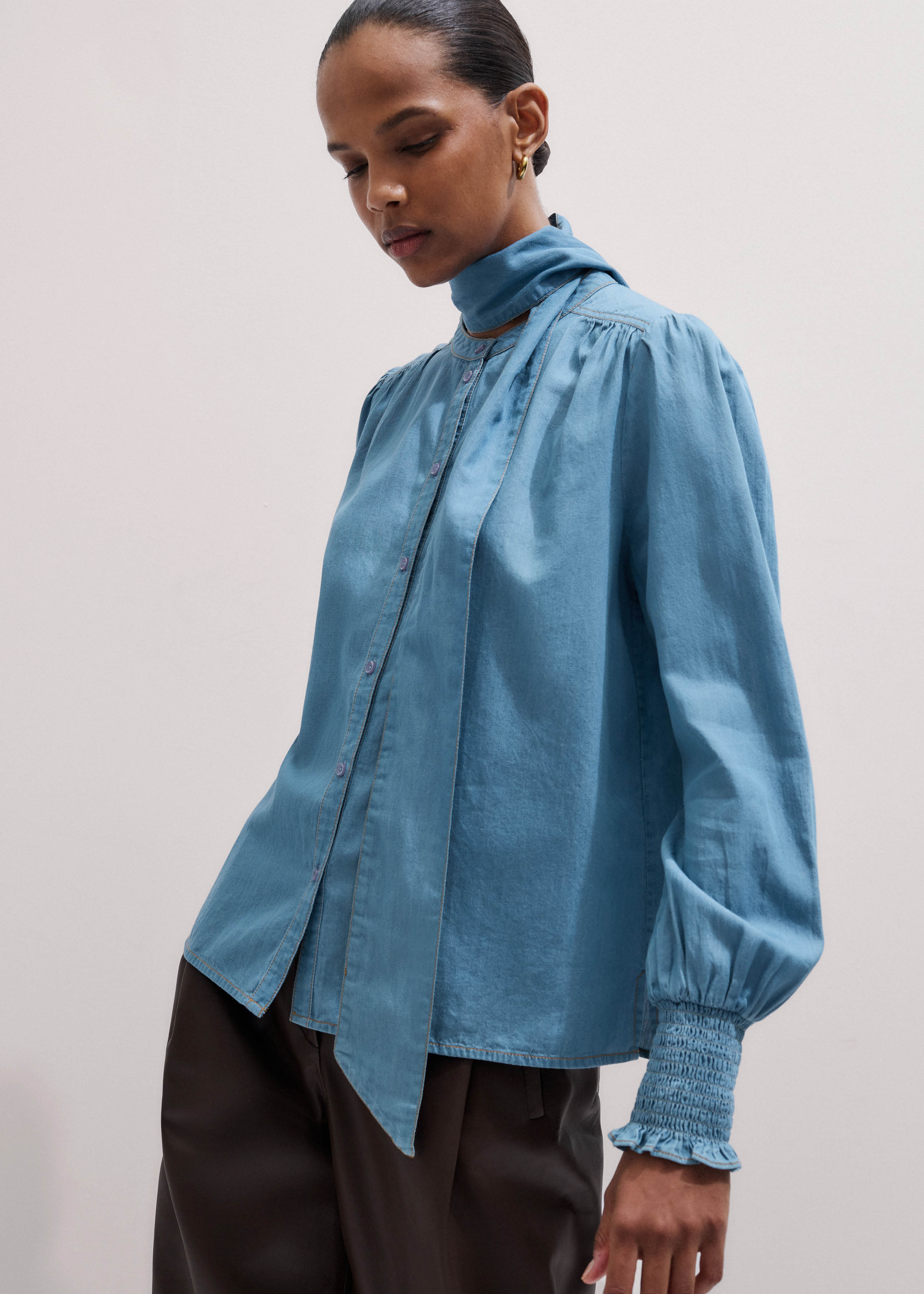 Women's Blue Chambray Pussybow Blouse + Tie | ME+EM