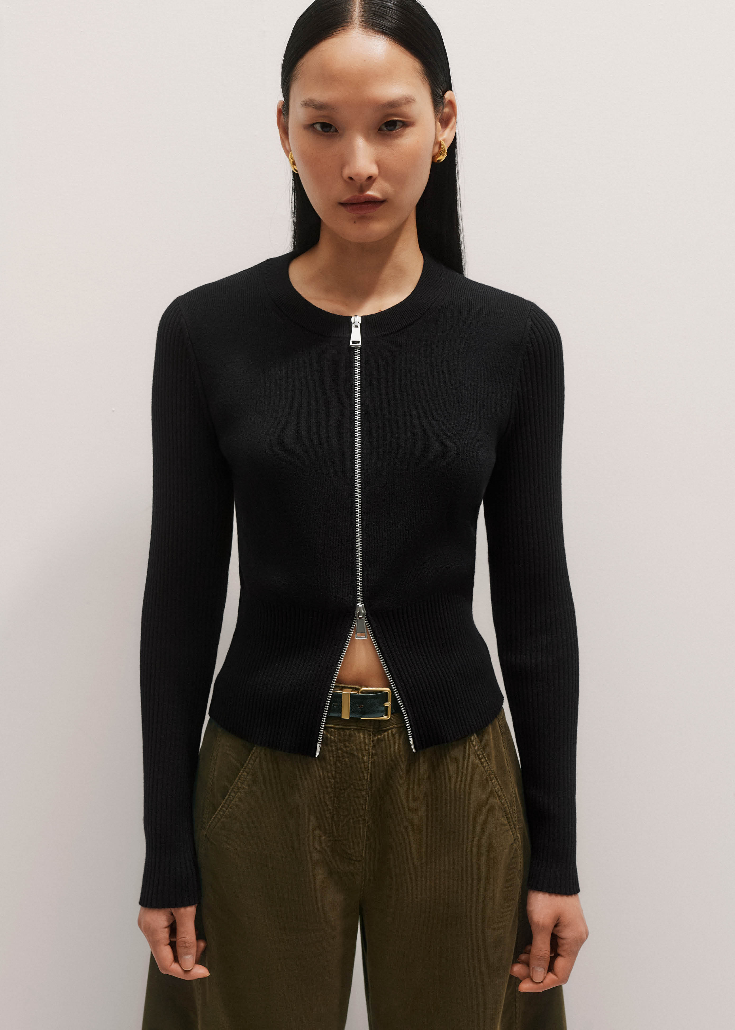 Women's Black Milano Knit Two-Way Zip Cardigan | ME+EM