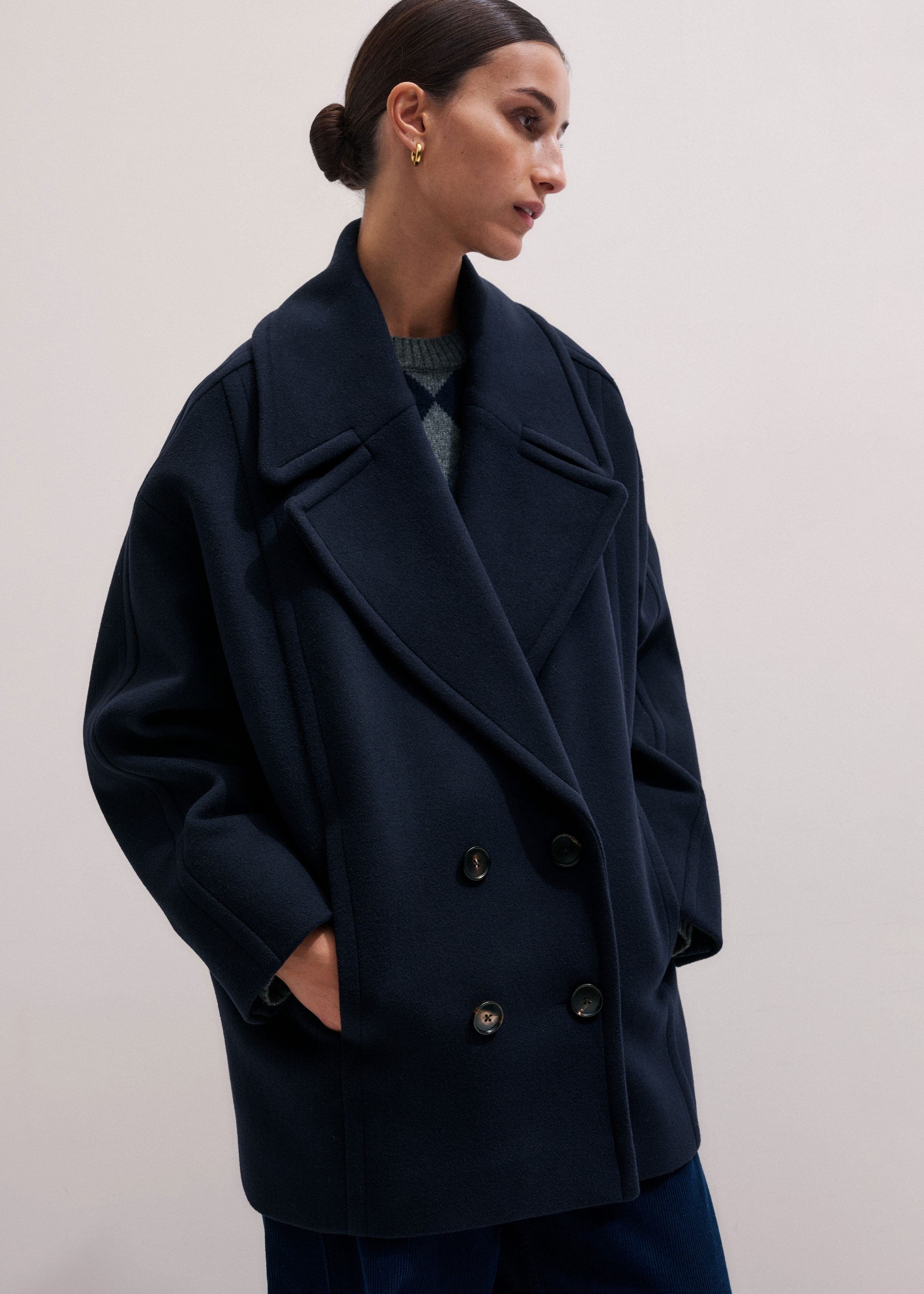 Women's Navy Soft Shoulder Military Coat | ME+EM