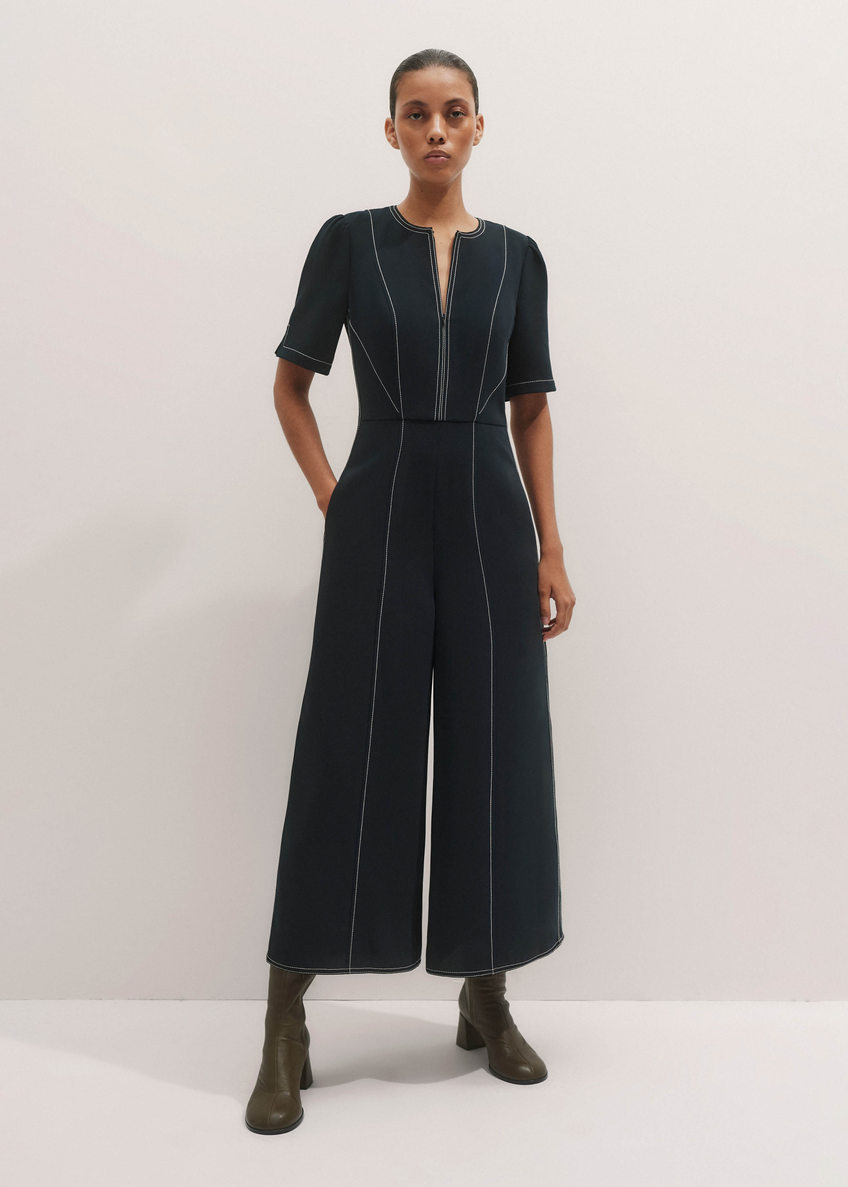 エムミーエメ 2way check slit combinaison Women's Navy Contrast Stitch Jumpsuit + Belt | ME+EM