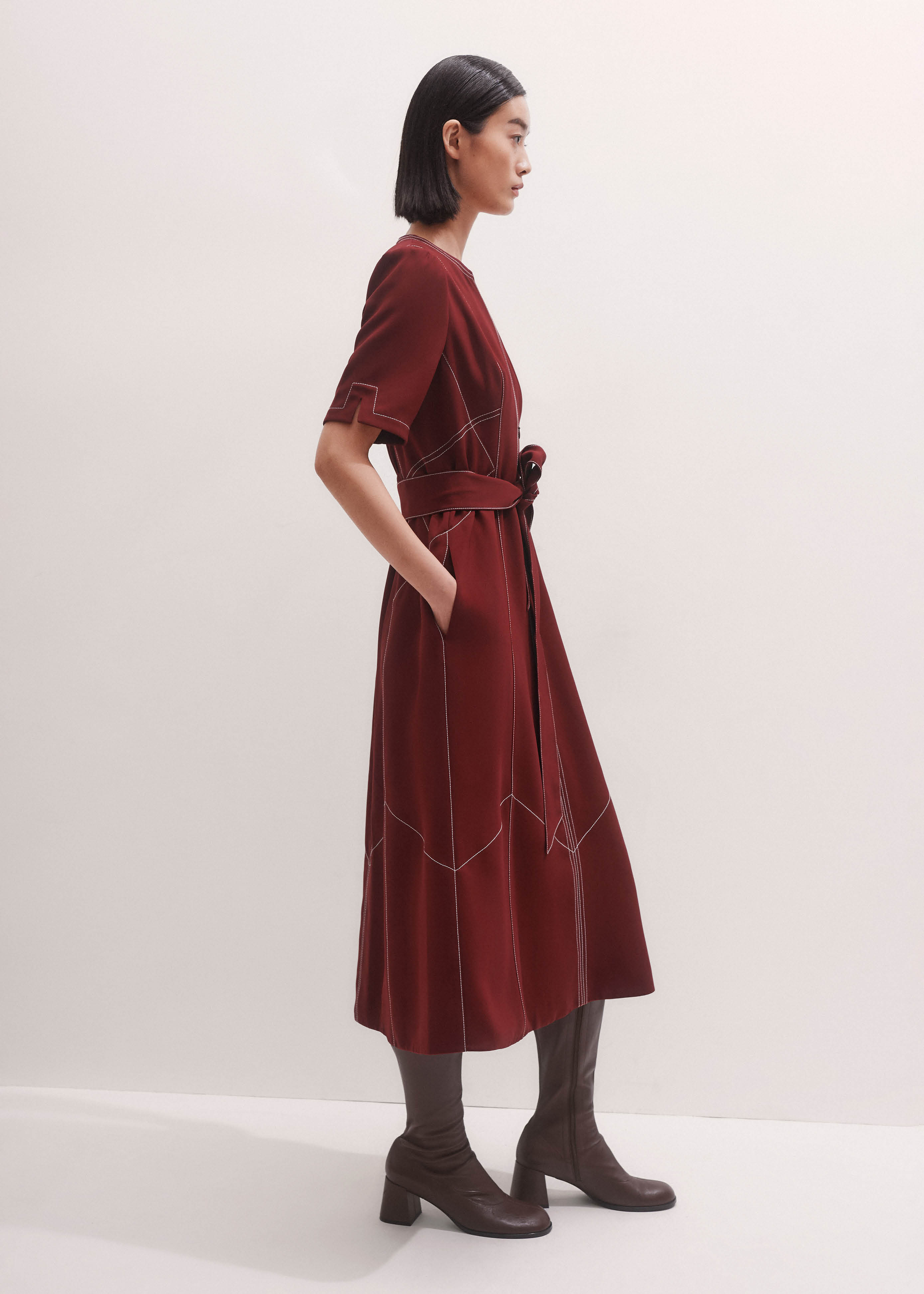 me and em contrast stitch midi dress Me+Em Contrast Stitch Midi Dress - Smoke Pink