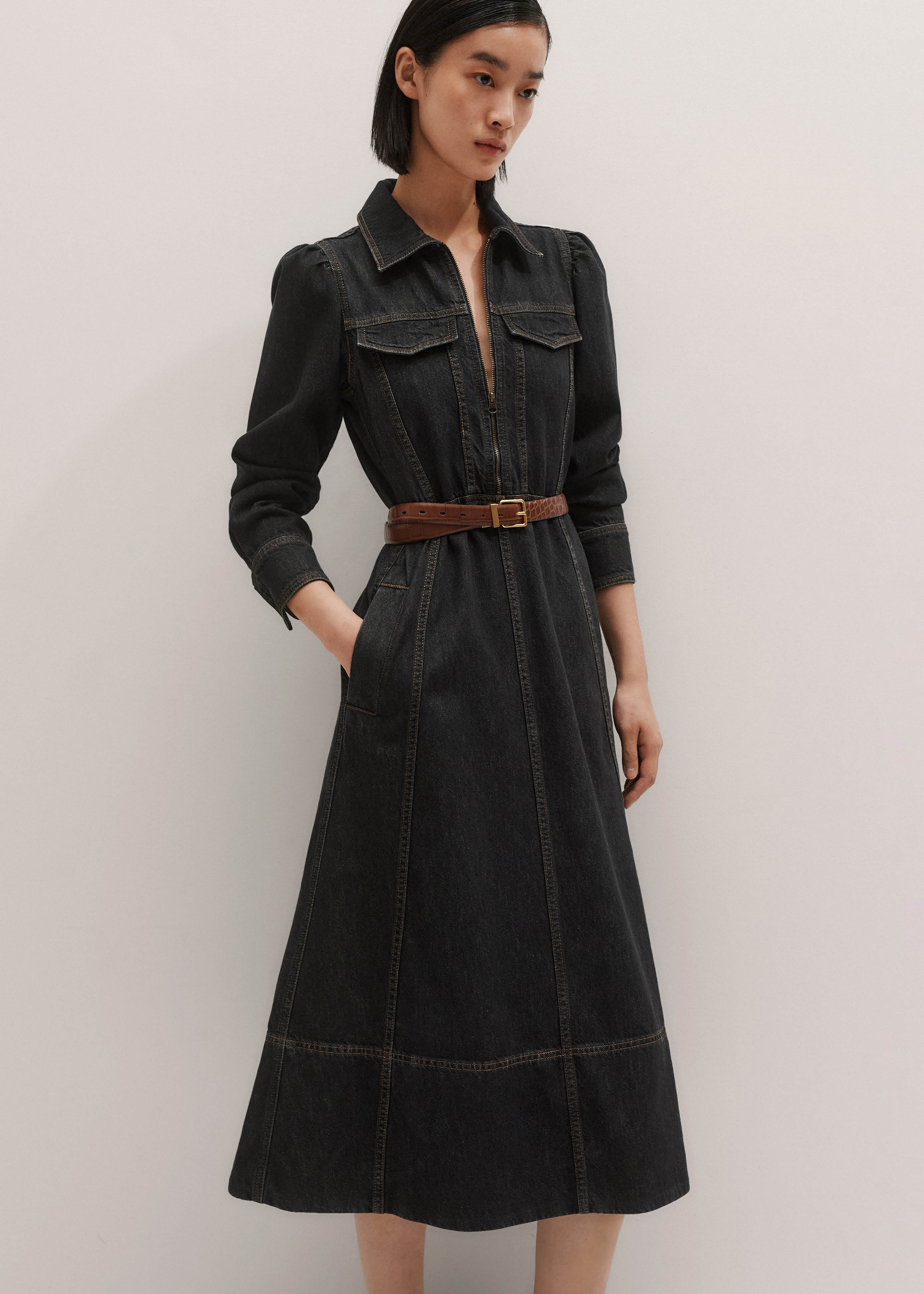 Me+em Denim Zip Front Midi Dress - Black Wash