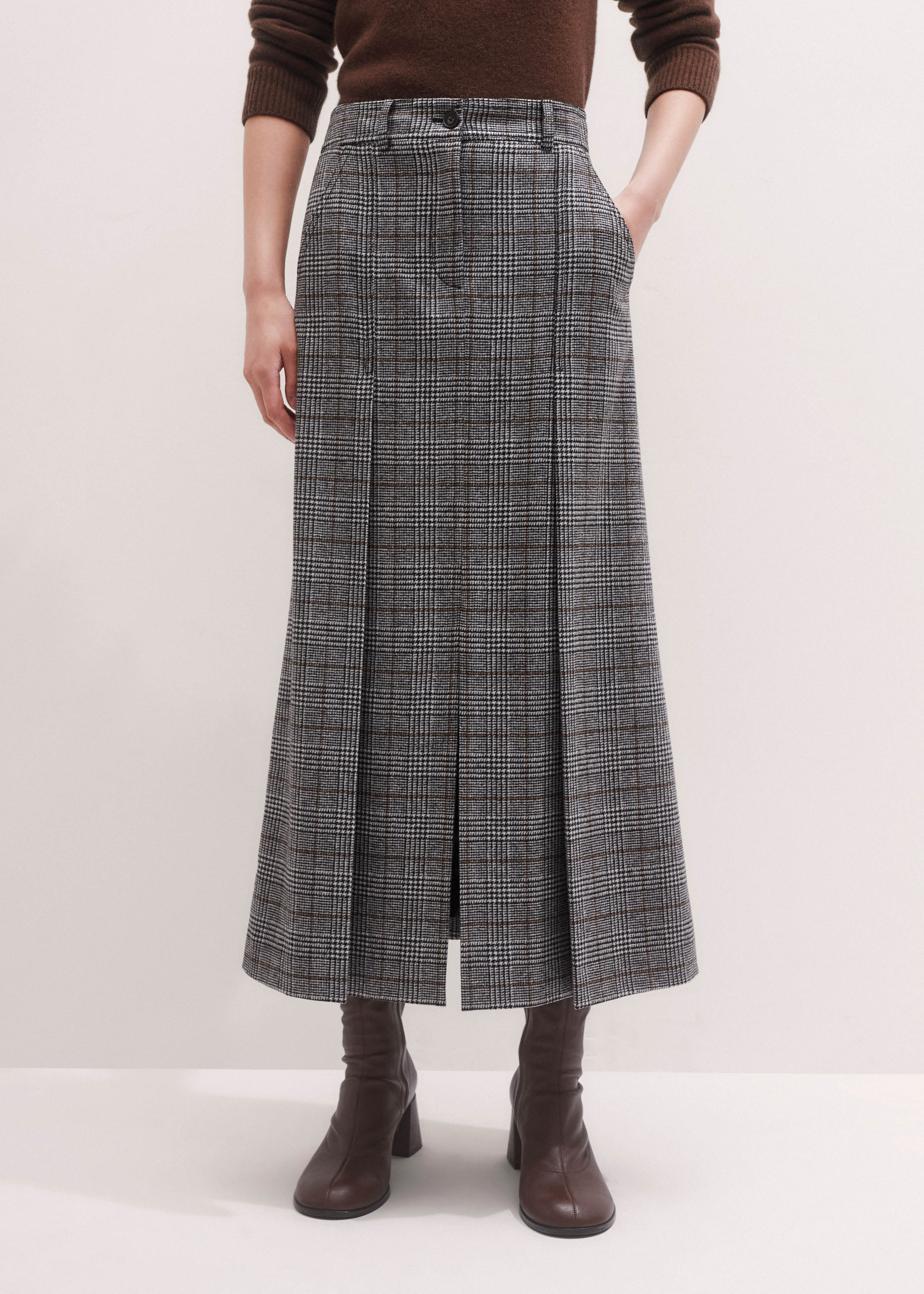 Women's Black Check Pleat Detail Maxi Skirt | ME+EM