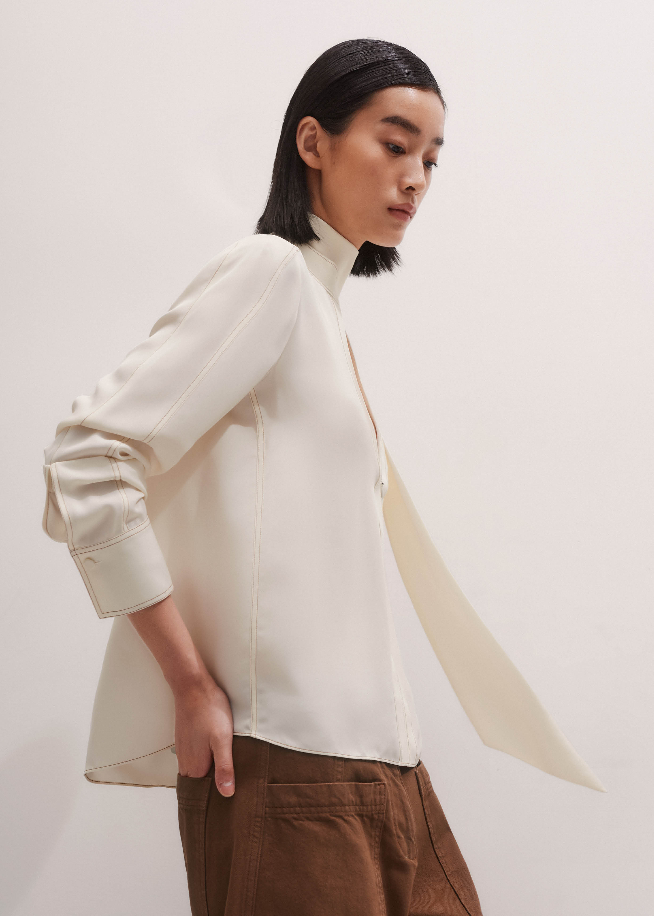 Women's Cream High Neck Blouse + Tie | ME+EM
