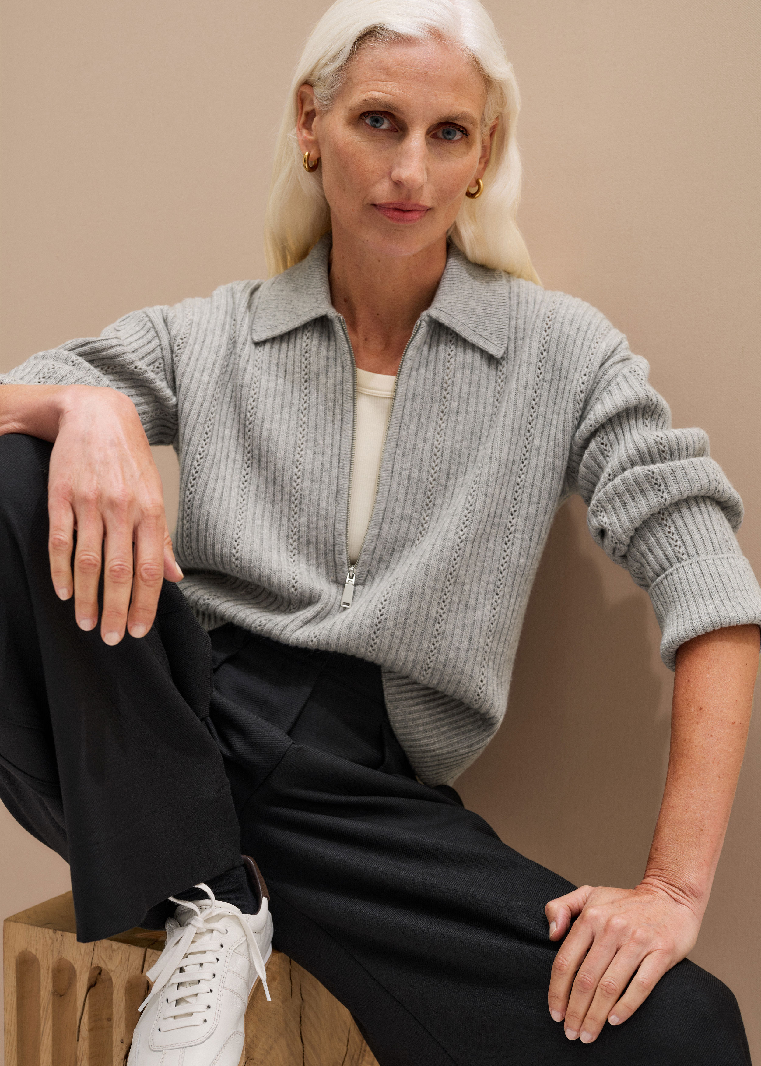 Women's Grey Lace Stitch Polo Knit Shirt | ME+EM