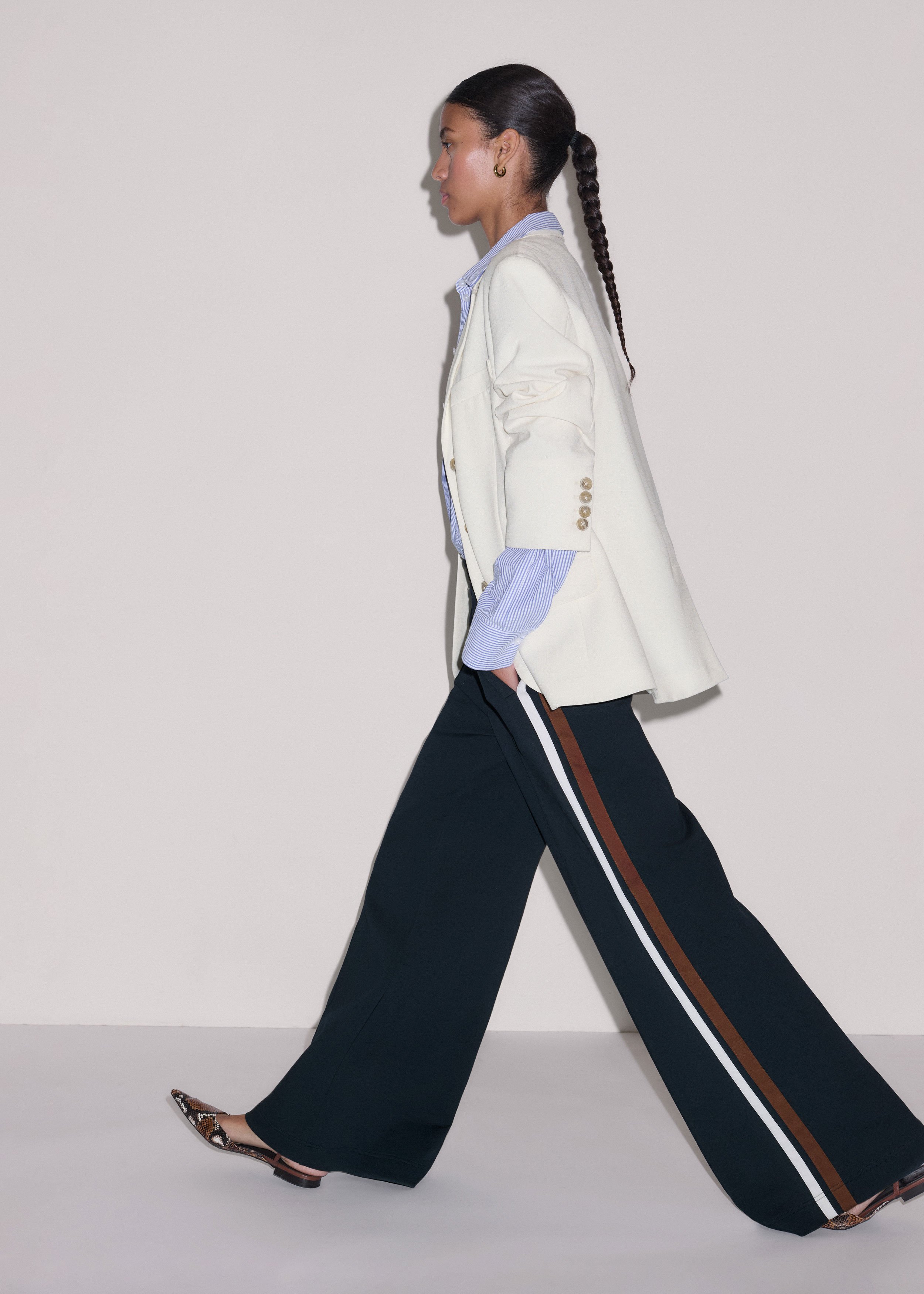 Women's Navy Side Stripe Stretch Jersey Icon Track Pant | ME+EM