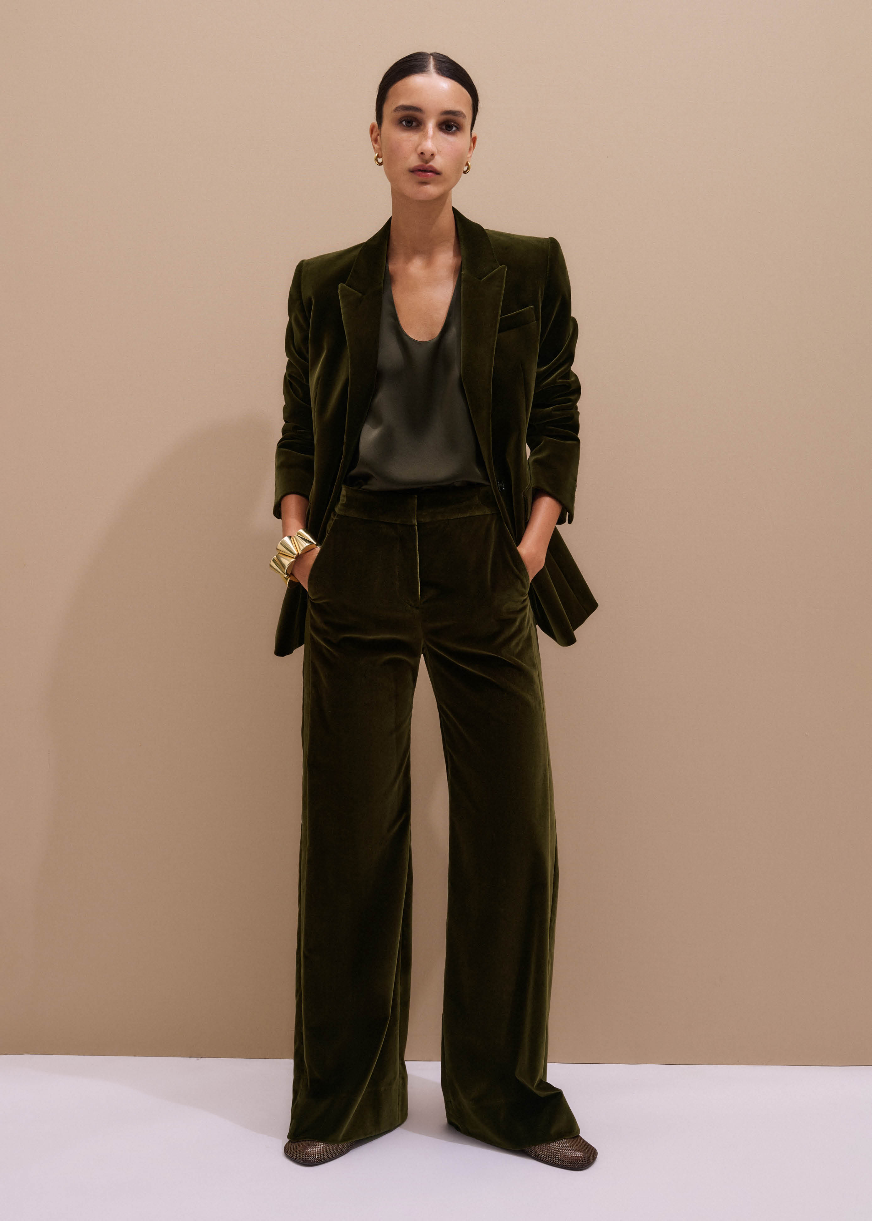 Women's Olive Green Velvet Evening Man Pant ME+EM