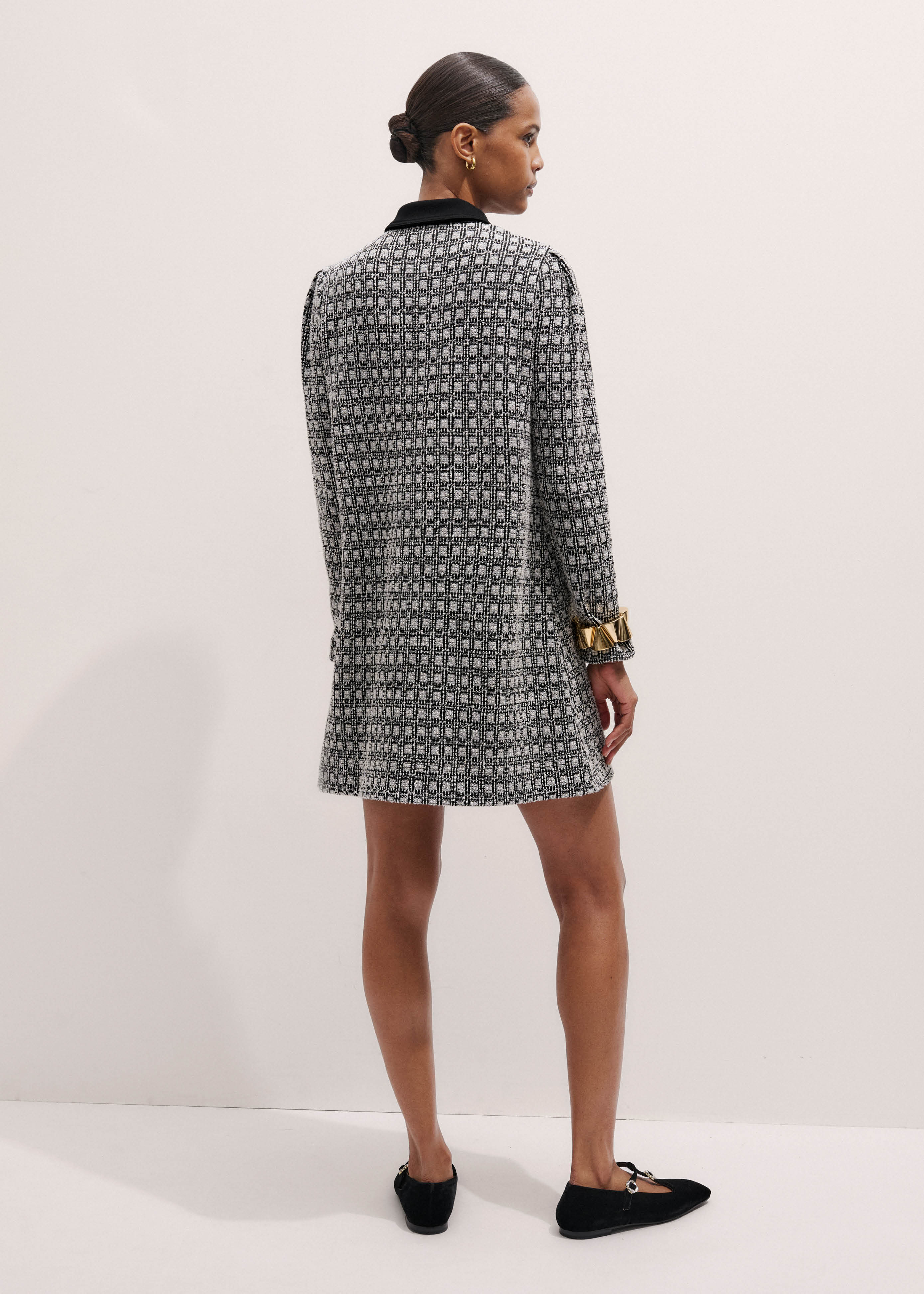 Women's Black Statement Button Jacquard Short A-Line Dress | ME+EM