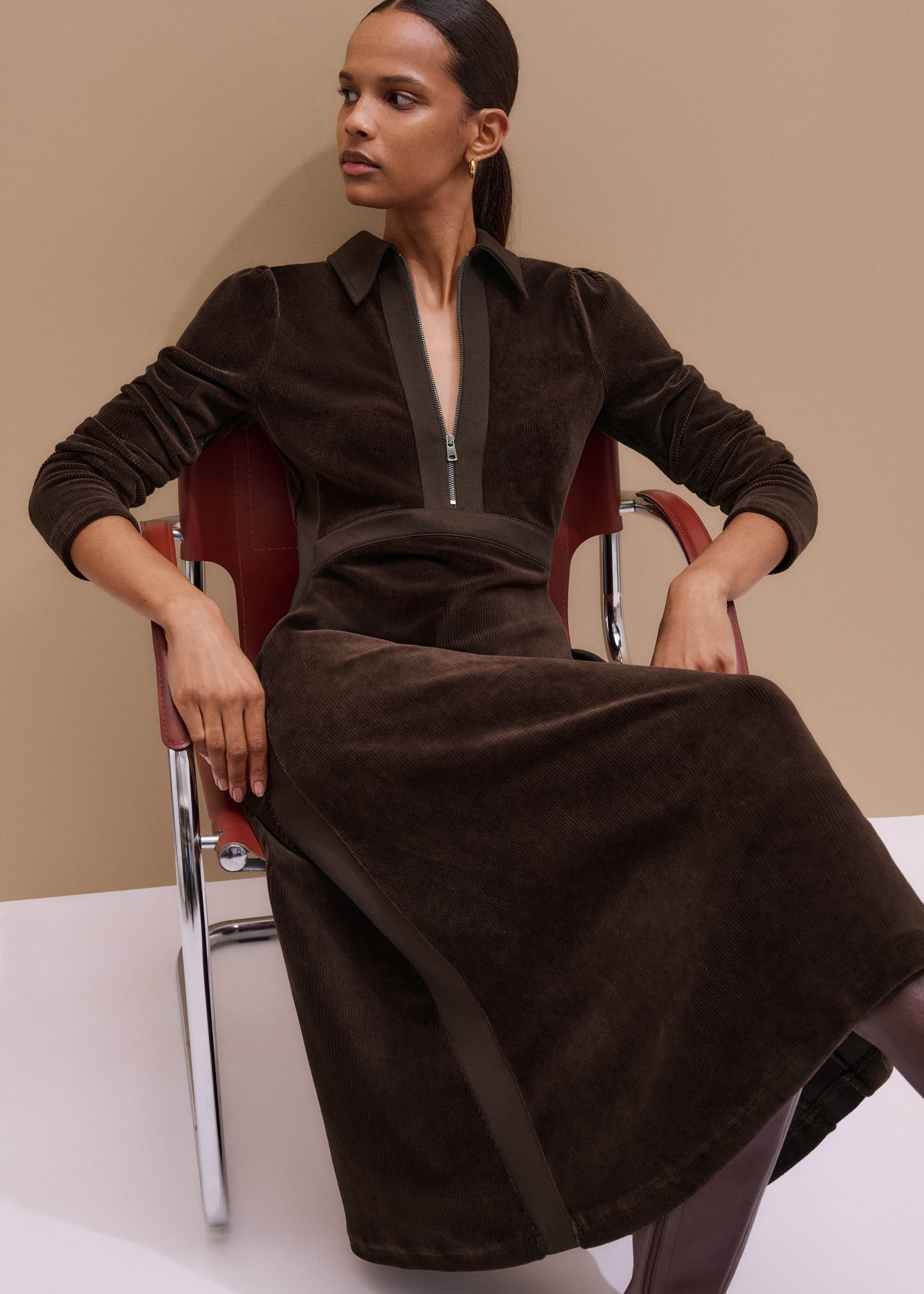 Women's Brown Ponte Collared Cord Velour AM-PM Midi Dress | ME+EM