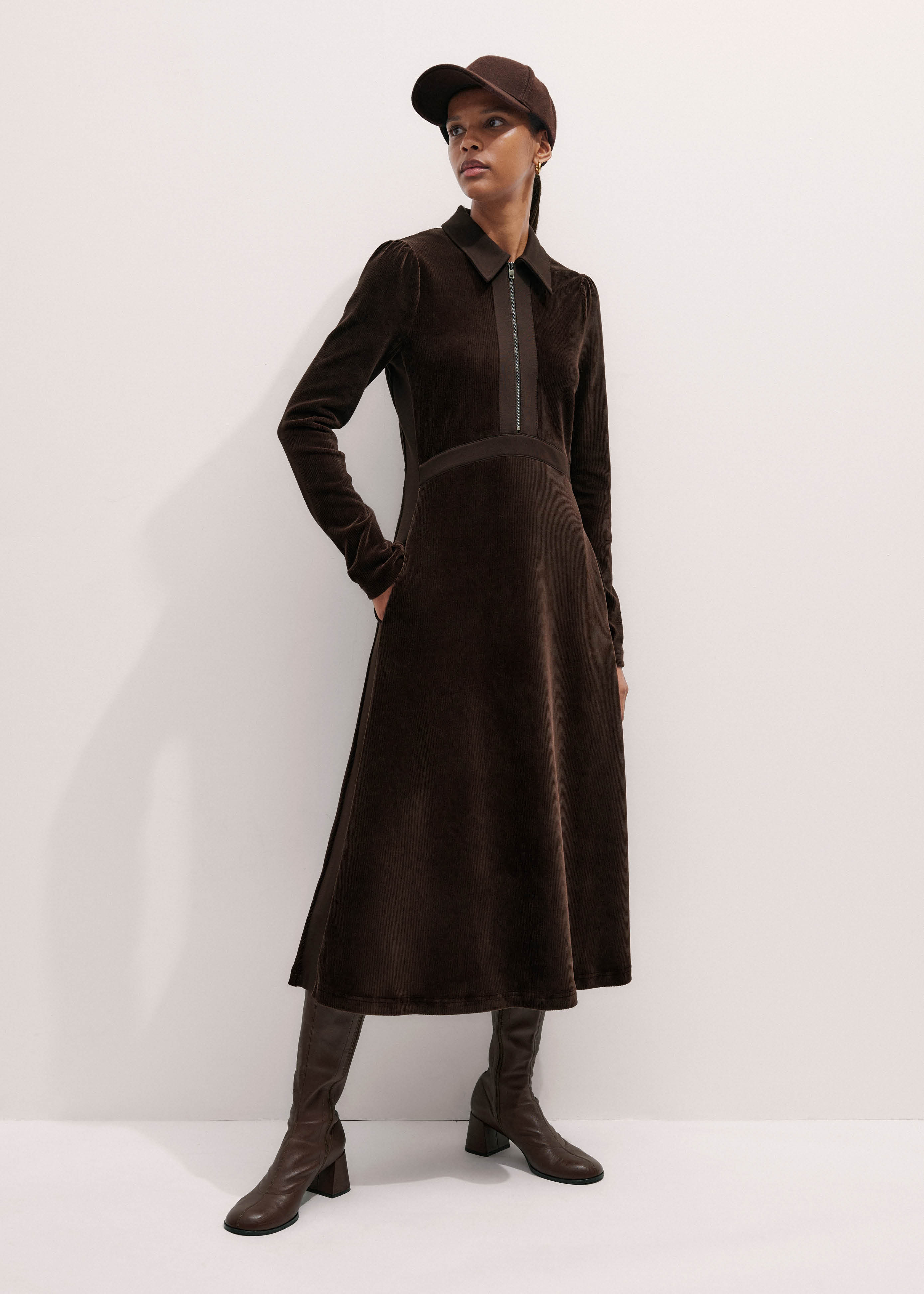 Women's Brown Ponte Collared Cord Velour AM-PM Midi Dress | ME+EM