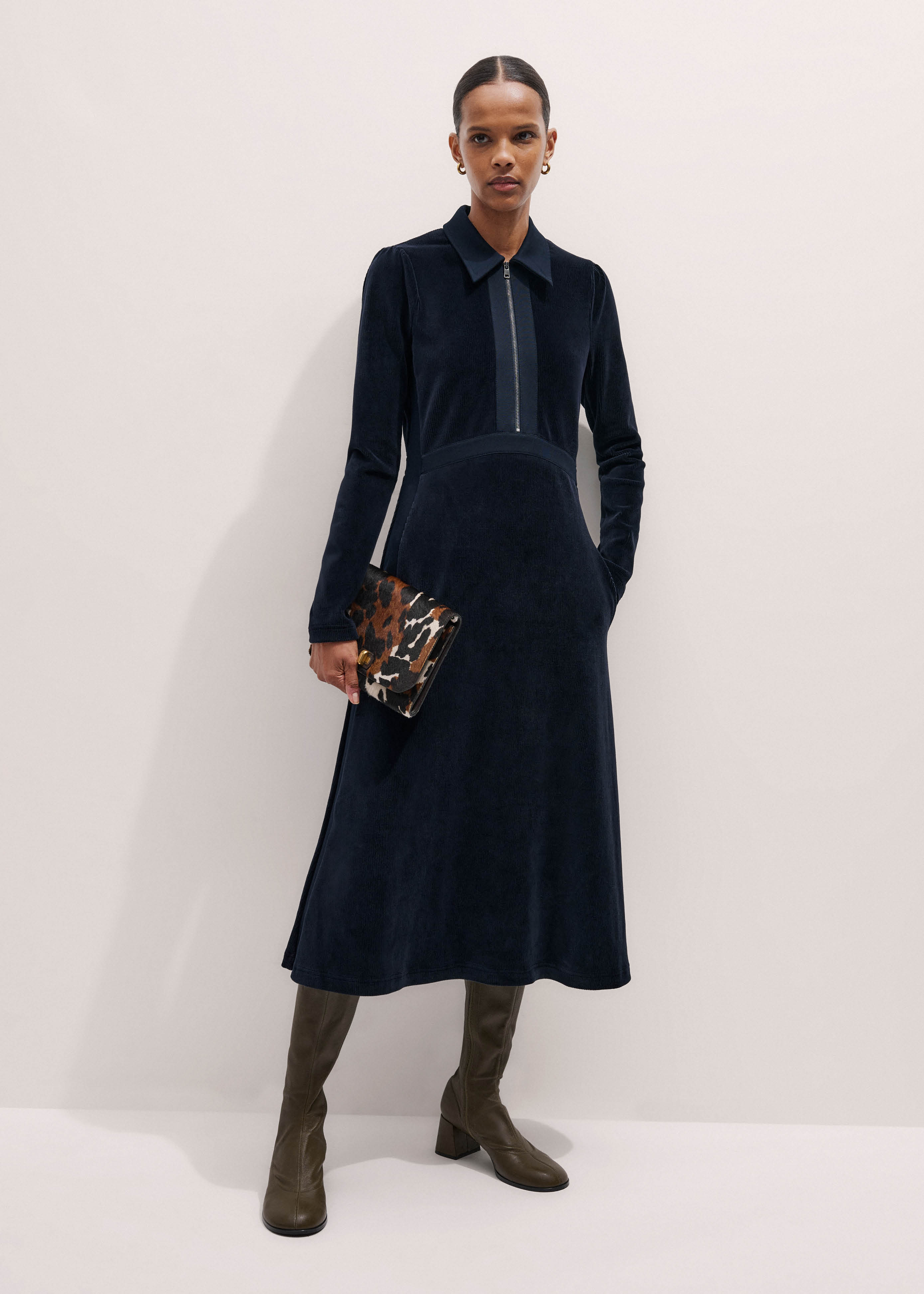 Women's Navy Ponte Collared Cord Velour AM-PM Midi Dress | ME+EM