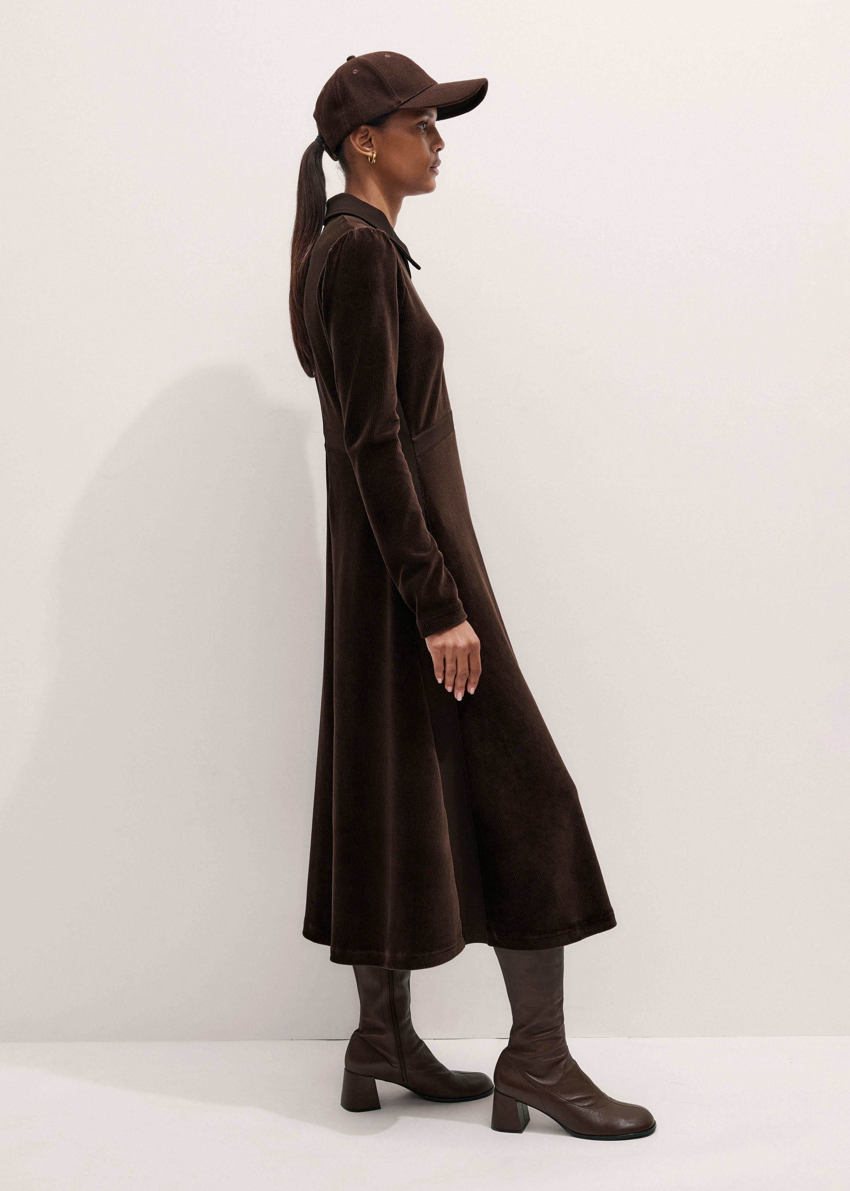 Women's Brown Ponte Collared Cord Velour AM-PM Midi Dress | ME+EM