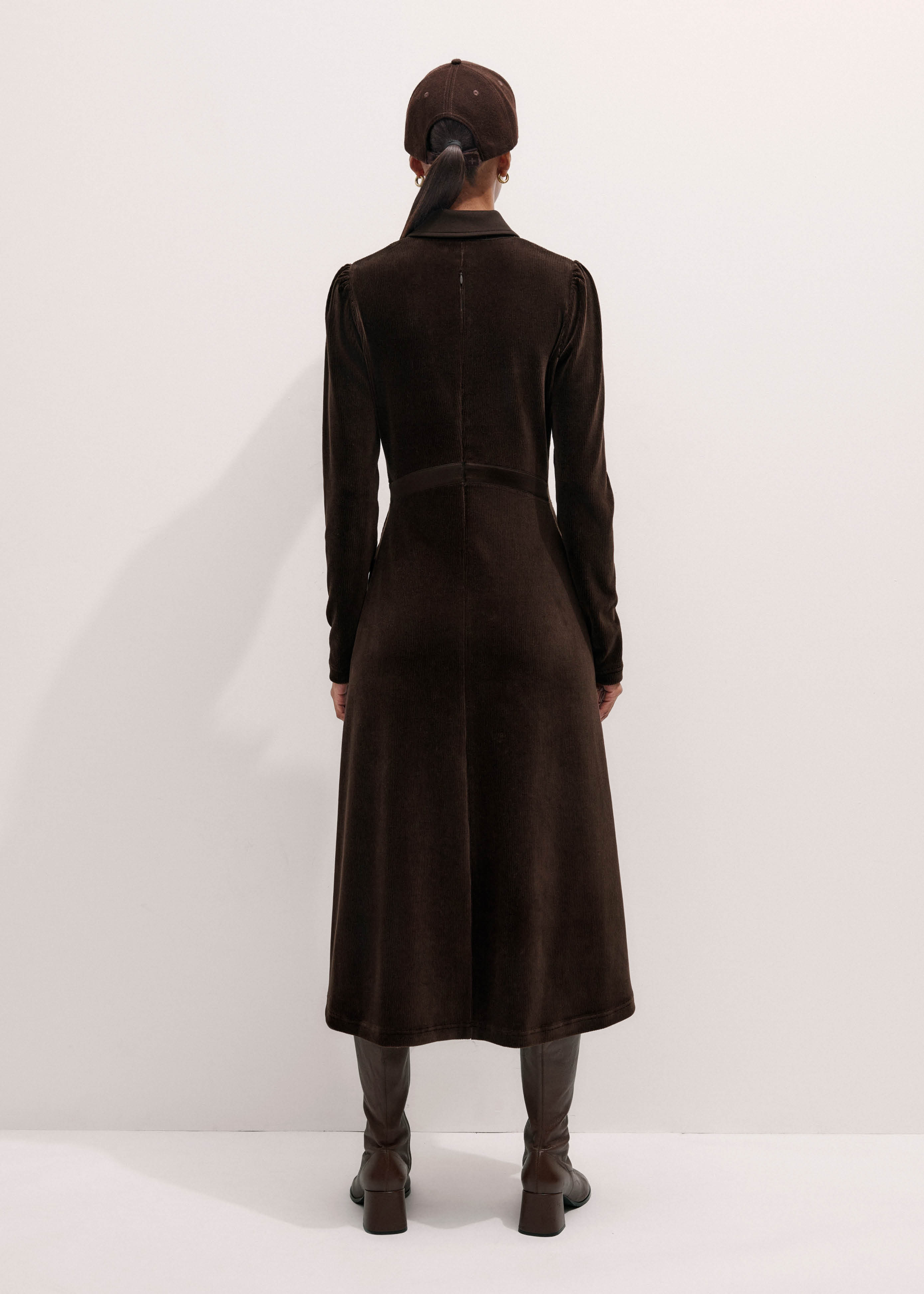 burgundy dress and nude shoes Brown Cord Balloon Sleeve Montego Midi Dress main image 1